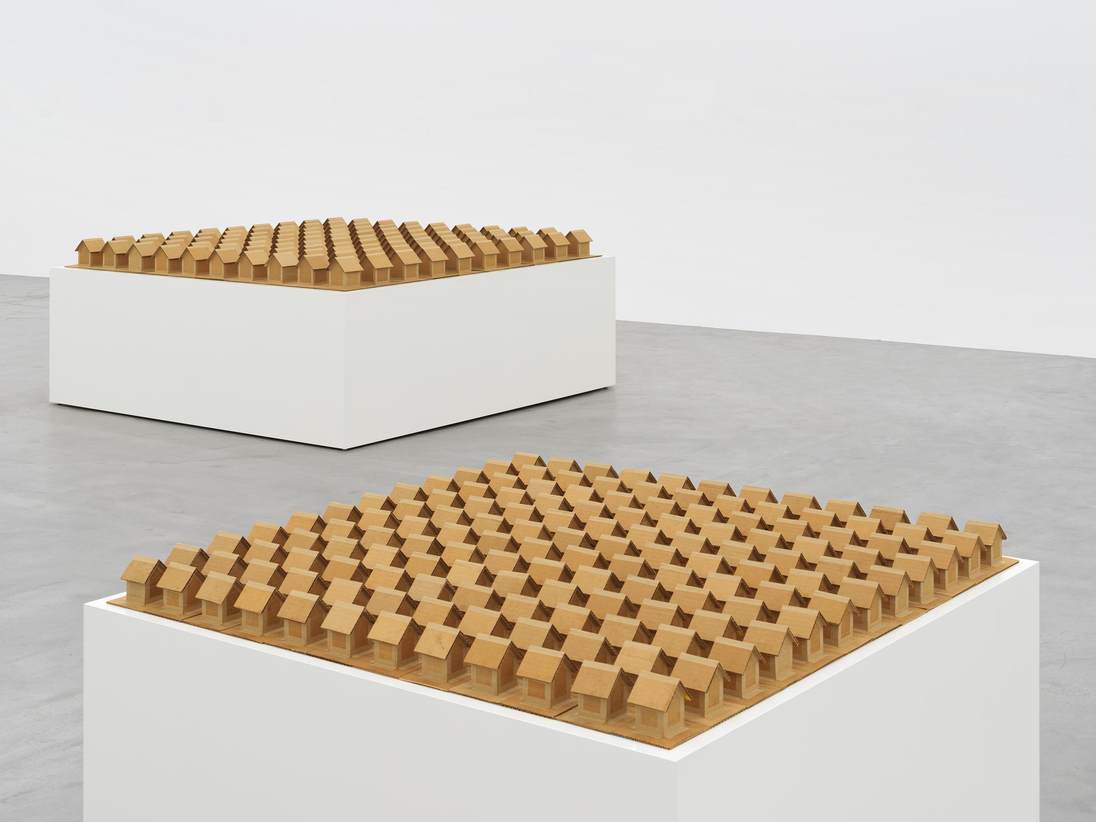 Exhibition View Jean-Frédéric Schnyder Soloshow (view on Jean-Frédéric Schnyder, DO NOT DROP OR TURN UPSIDE DOWN REUSE OF THIS BOX IS PROHIBITED - BY LAW (Typ A / Typ B) HANDLE WITH CARE KEEP AT 58°F OR 14°C (detail), 2012) at Galerie Eva Presenhuber, Zurich, 2019 / Photo: Stefan Altenburger; © Jean-Frédéric Schnyder / Courtesy the artist and Galerie Eva Presenhuber, Zurich / New York