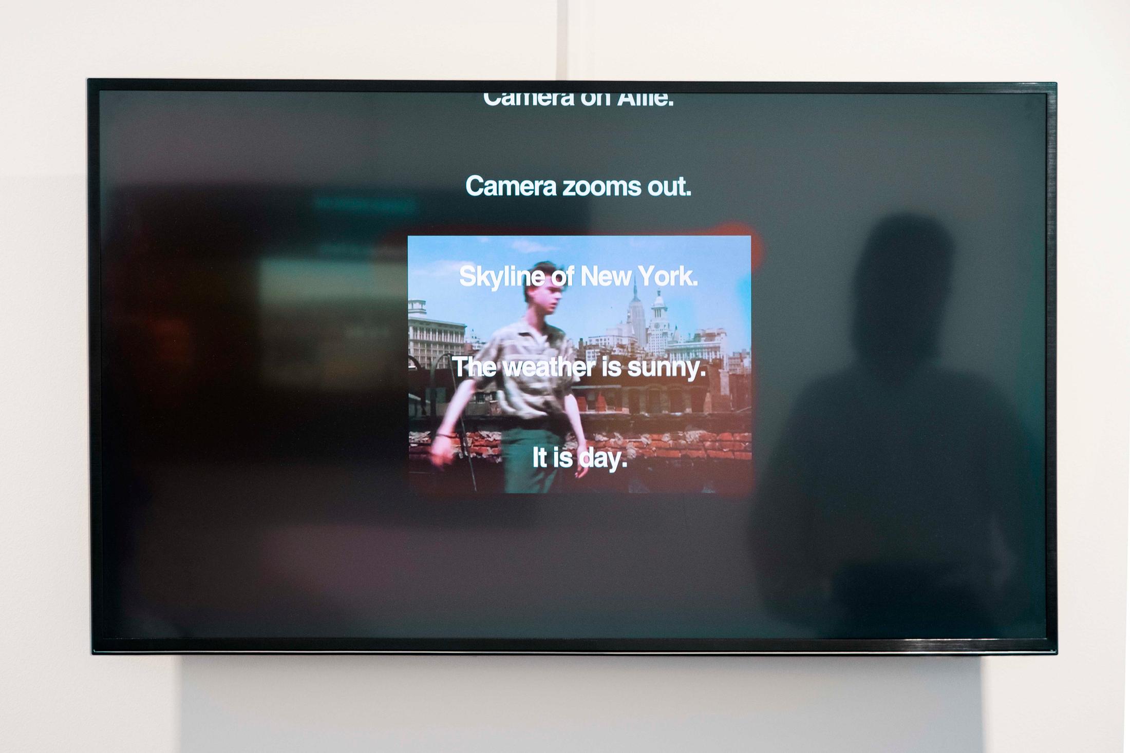 Exhibition View Jiajia Zhang Solo Show «If Every Day Were a Holiday, Towns Would Be More Mysterious; view on Jiajia Zhan, Script (Allie), 2021, video, color, no sound, 3’30“, loop» at Coalmine, Winterthur, 2021 / Courtesy: the artist and Coalmine