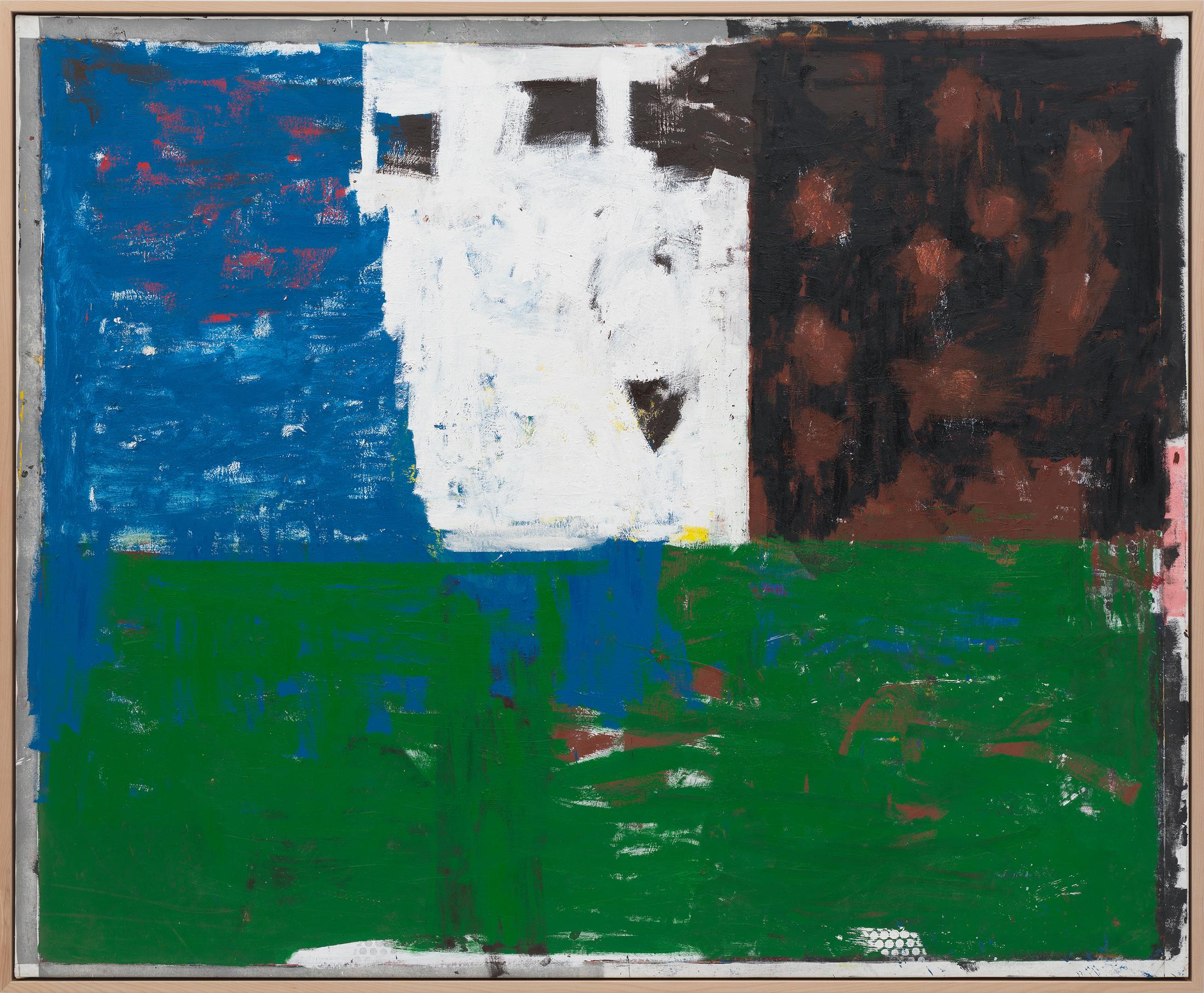 Exhibition View Joe Bradley Soloshow «Sub Ek; view on Joe Bradley, Blasted Heath, 2019, Oil on canvas, (Painting 218.5 x 267 x 6 cm / Frame 226 x 274 x 9 cm» at Galerie Eva Presenhuber, Waldmannstrasse, Zurich, 2020 / © Joe Bradley / Courtesy: the artist and Galerie Eva Presenhuber, Zurich / New York