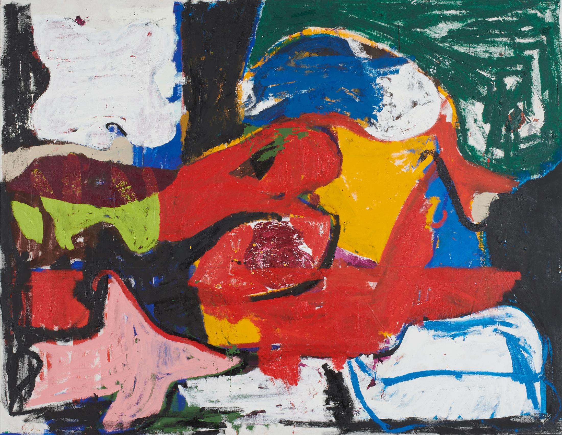 Exhibition View Joe Bradley Soloshow «Sub Ek; view on Joe Bradley, Nightshade, 2020, Oil on canvas, 158 x 203.5 x 3.5 cm» at Galerie Eva Presenhuber, Waldmannstrasse, Zurich, 2020 / © Joe Bradley / Courtesy: the artist and Galerie Eva Presenhuber, Zurich / New York