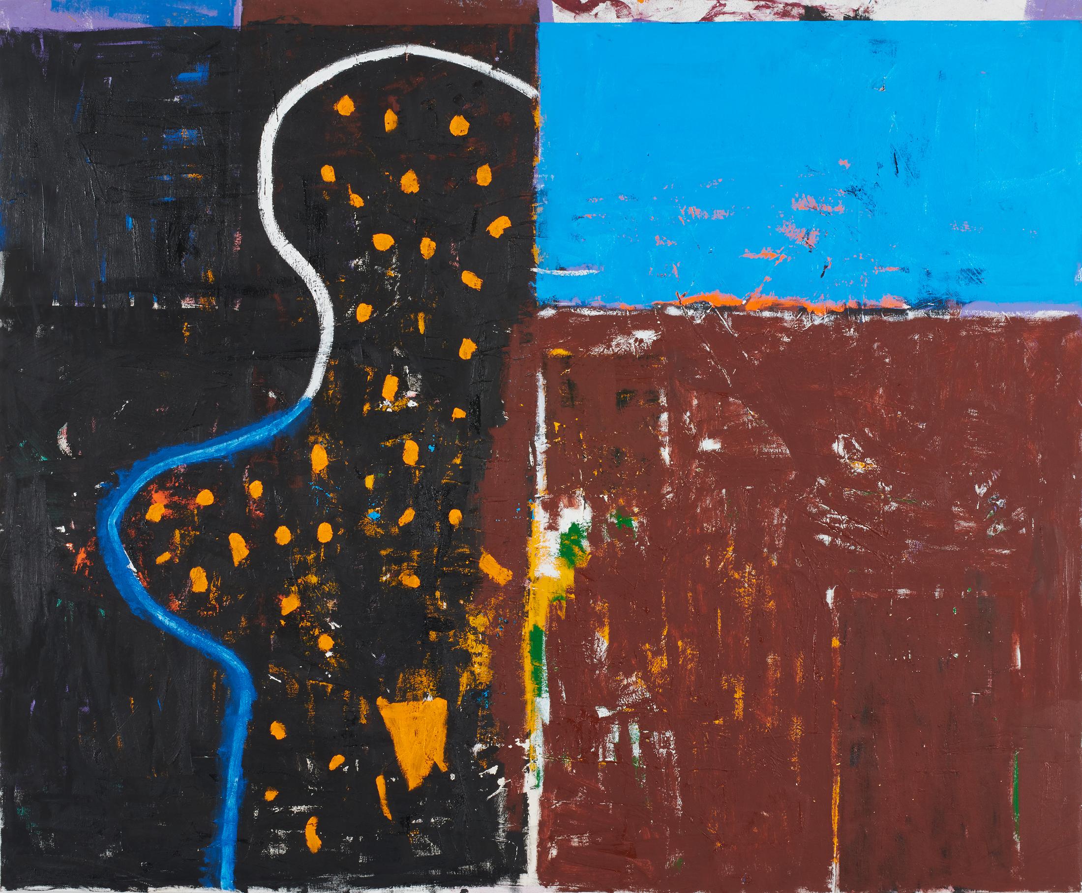 Exhibition View Joe Bradley Soloshow «Sub Ek; view on Joe Bradley, Homestead, 2020, Oil on canvas, 167.5 x 203 x 3.5 cm» at Galerie Eva Presenhuber, Waldmannstrasse, Zurich, 2020 / © Joe Bradley / Courtesy: the artist and Galerie Eva Presenhuber, Zurich / New York