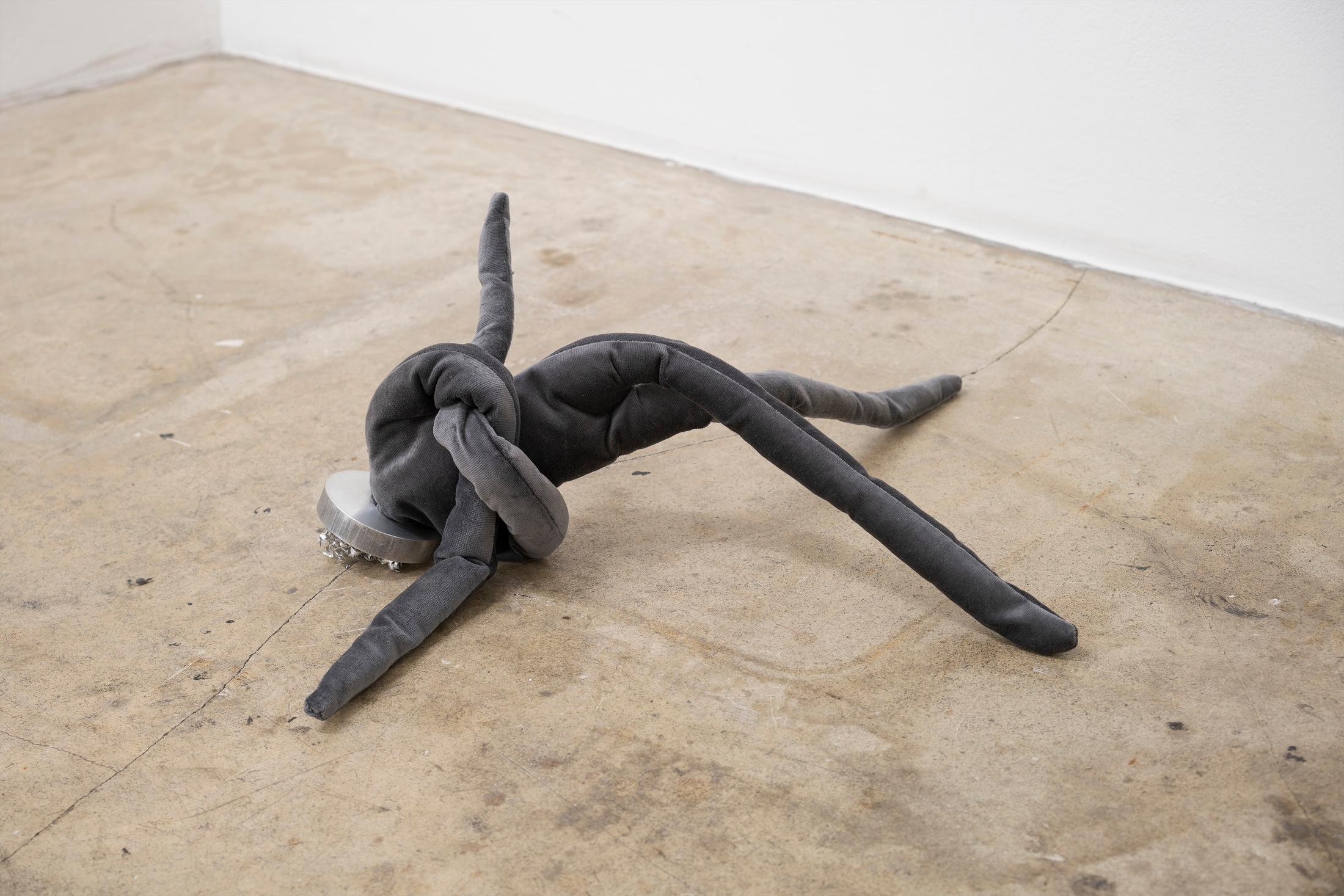 Exhibition View Group Show «THIS MESSAGE COULD BE FOR YOU; view on Elektra Stampoulou, straying, greedy, curious, needy, 2023, velvet, cotton, aluminium, 30 x 21 x 12 cm» at Milieu, Berne, 2023 / Photo: Claude Barrault / Courtesy: the artist and Milieu