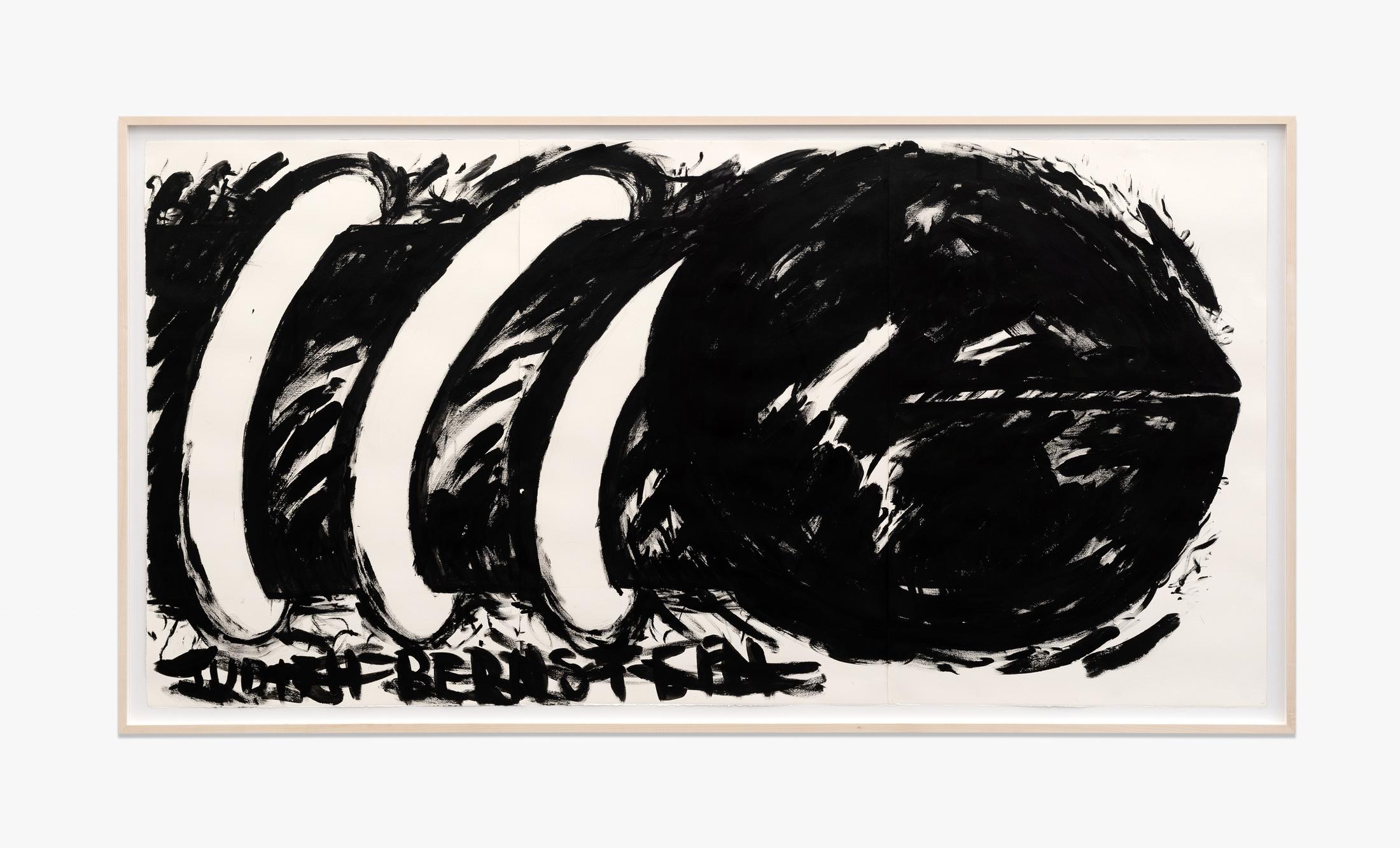 Exhibition View Judith Bernstein Soloshow «Blue Balls; view on Horizontal Acrylic #1 (3 Panel), 2019» at Karma International, Zurich, 2019 / Photo: Stefan Alternburger / Courtesy: the artist and Karma International