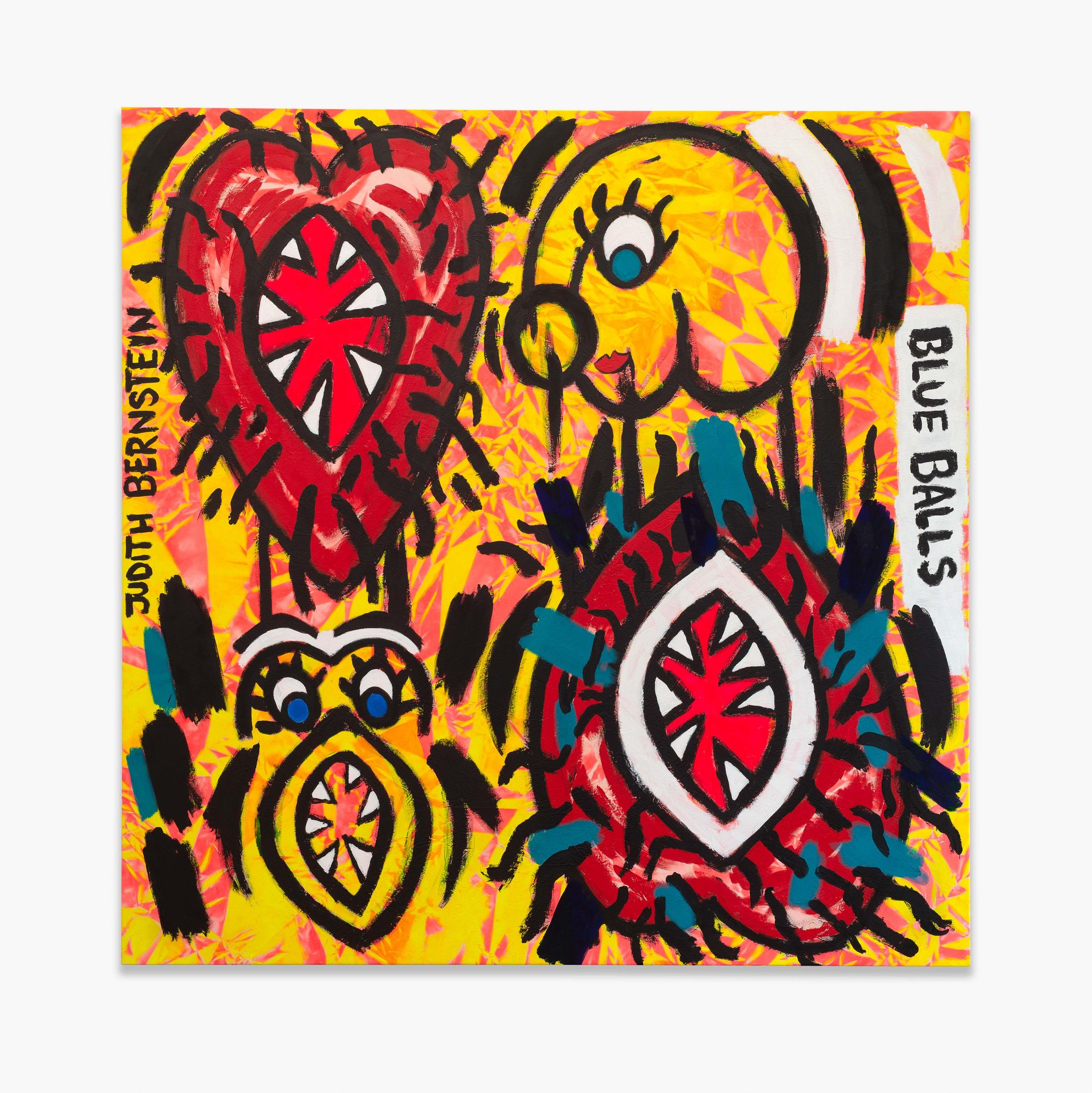 Exhibition View Judith Bernstein Soloshow «Blue Balls; view on Blue Balls - Cockheads/Cuntface #2, 2019» at Karma International, Zurich, 2019 / Photo: Stefan Alternburger / Courtesy: the artist and Karma International