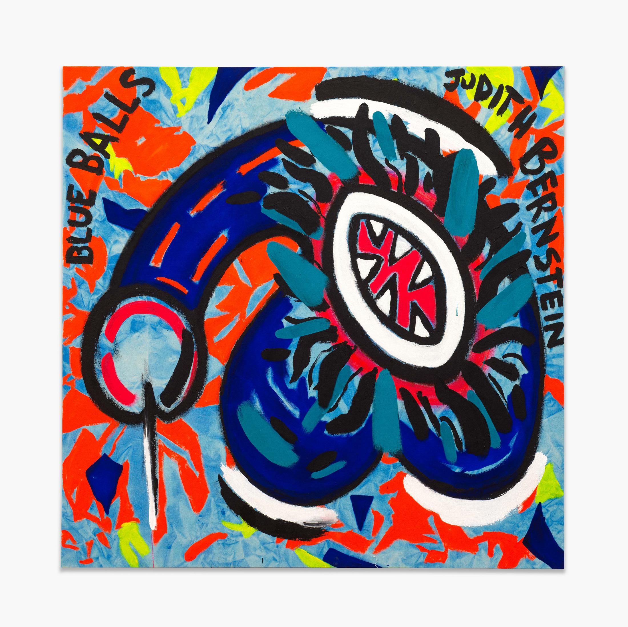 Exhibition View Judith Bernstein Soloshow «Blue Balls; view on Small Blue Balls (Blue Ground), 2019» at Karma International, Zurich, 2019 / Photo: Flavio Karrer / Courtesy: the artist and Karma International