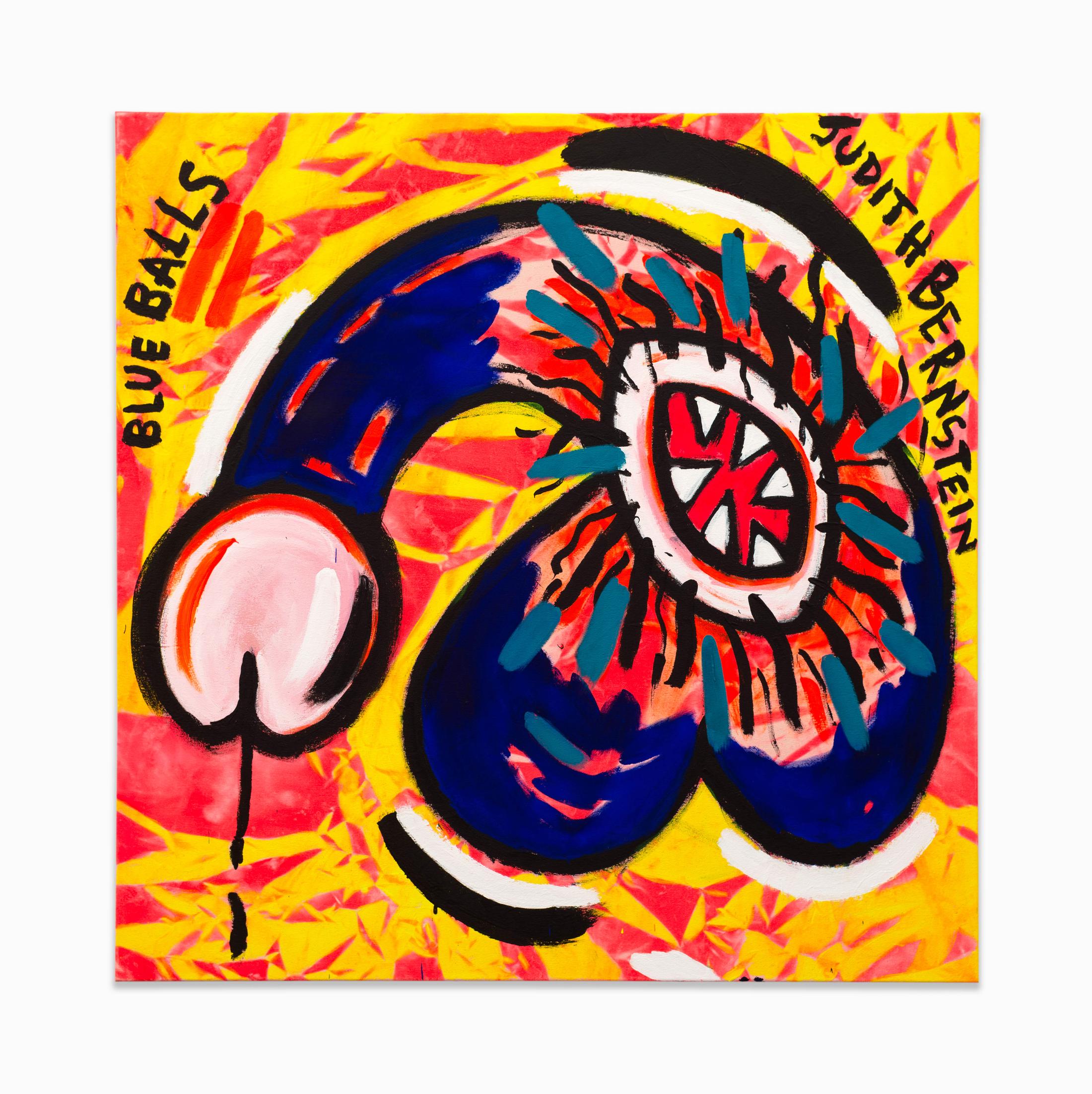 Exhibition View Judith Bernstein Soloshow «Blue Balls; Small Blue Balls (Pink Ground), 2019» at Karma International, Zurich, 2019 / Photo: Flavio Karrer / Courtesy: the artist and Karma International