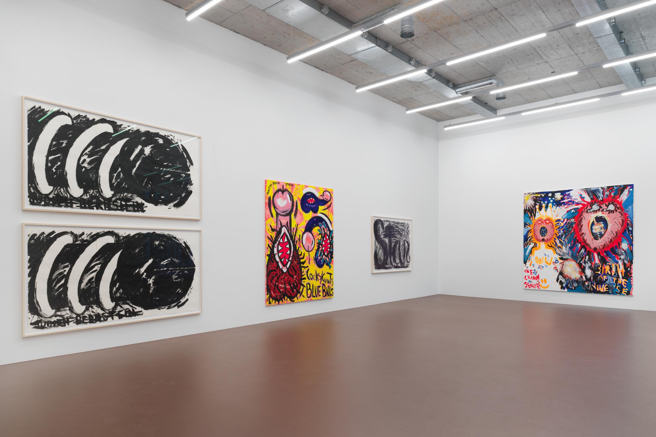 Exhibition View Judith Bernstein Soloshow «Blue Balls» at Karma International, Zurich, 2019 / Photo: Stefan Alternburger / Courtesy: the artist and Karma International