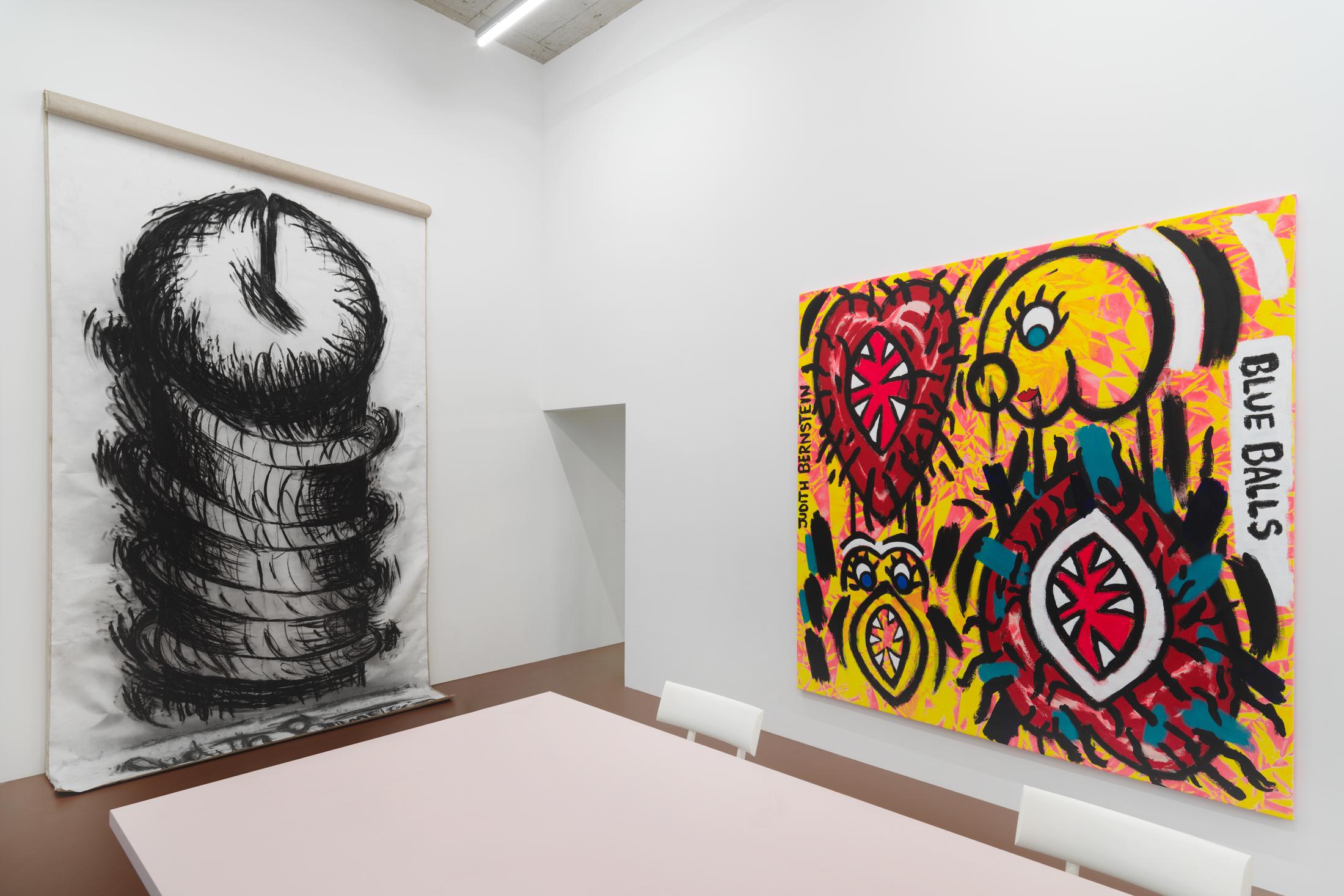 Exhibition View Judith Bernstein Soloshow «Blue Balls» at Karma International, Zurich, 2019 / Photo: Stefan Alternburger / Courtesy: the artist and Karma International