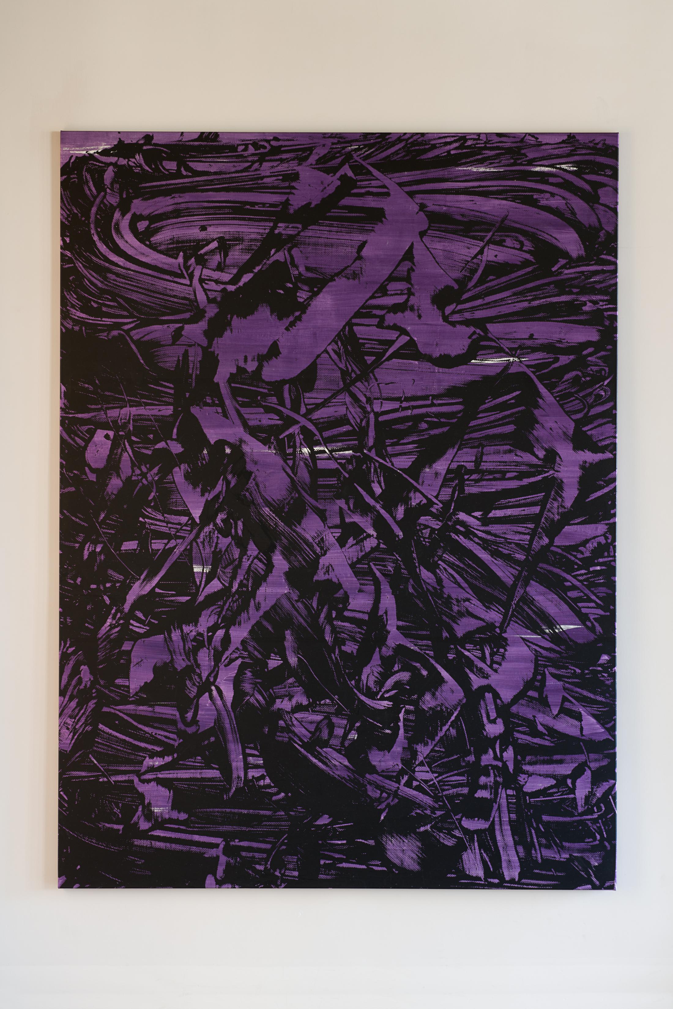 Installation View Judy Millar Soloshow «The Future and the Past Perfect ; view on Ferryman (purple), 2011» at Kunstmuseum St. Gallen, 2019 / Photo: Sebastian Stalder