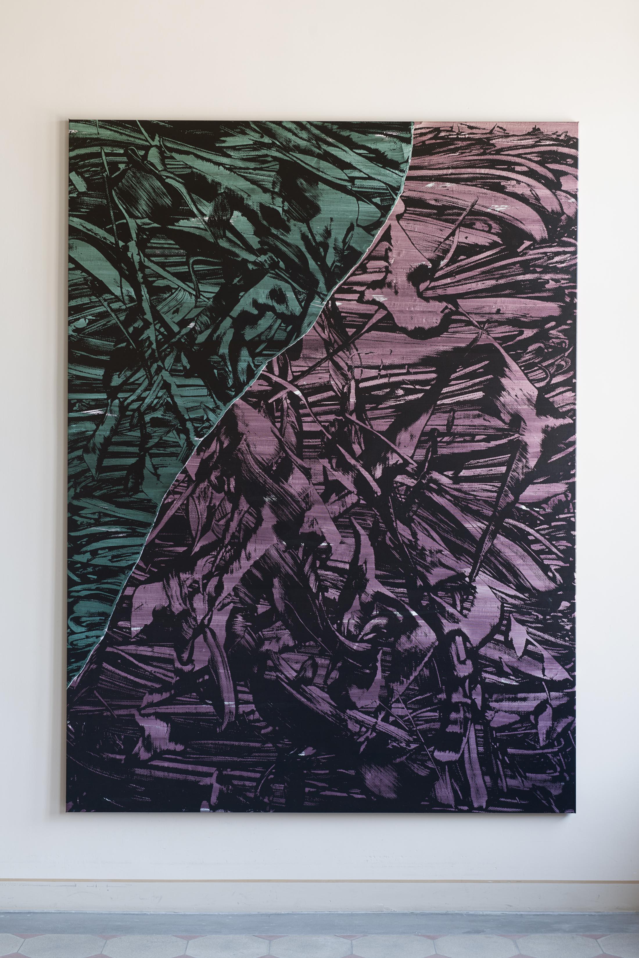 Installation View Judy Millar Soloshow «The Future and the Past Perfect ; view on Ferryman (green red), 2012» at Kunstmuseum St. Gallen, 2019 / Photo: Sebastian Stalder