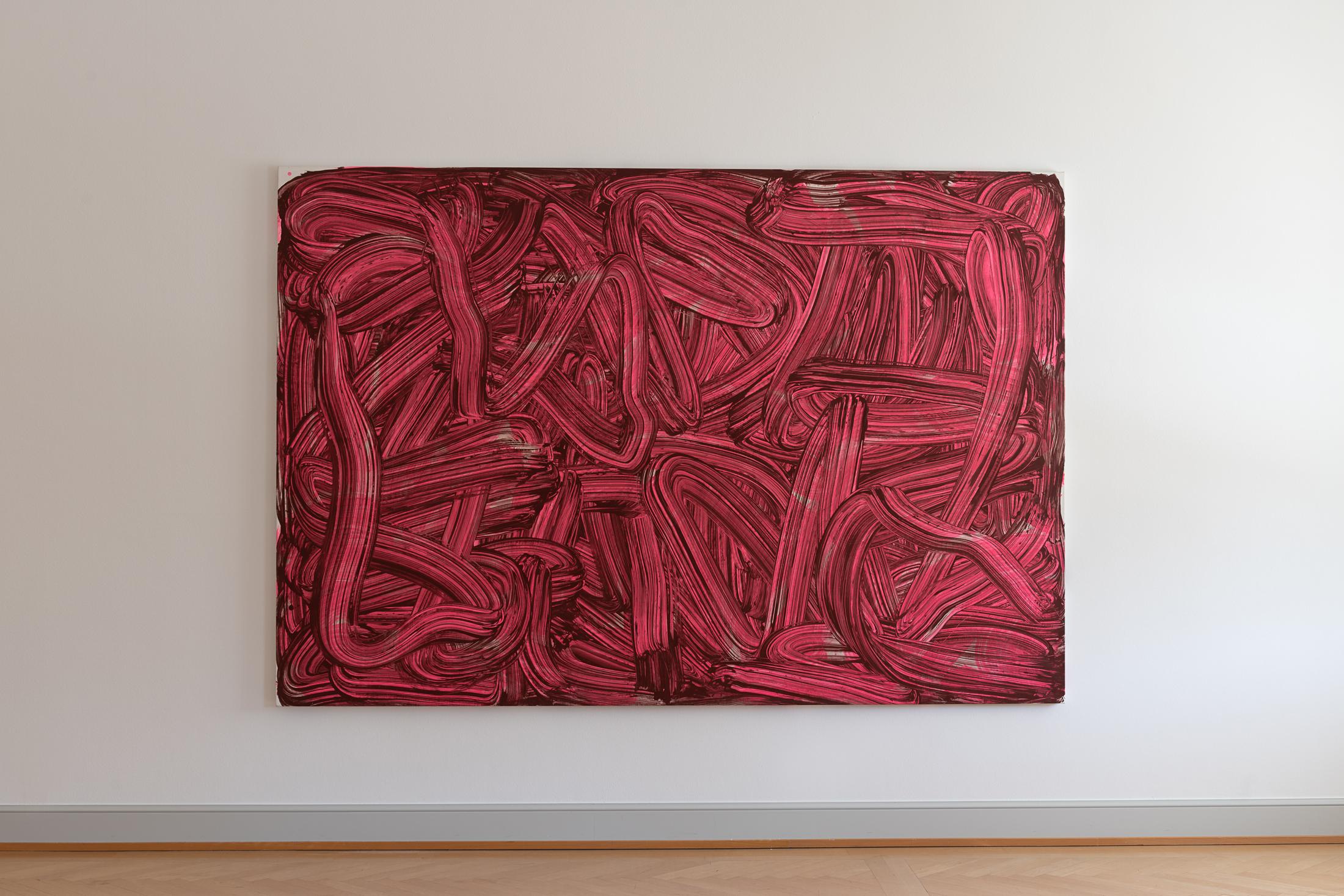 Installation View Judy Millar Soloshow «The Future and the Past Perfect ; view on Big Pink Shimmering One, 2002» at Kunstmuseum St. Gallen, 2019 / Photo: Sebastian Stalder