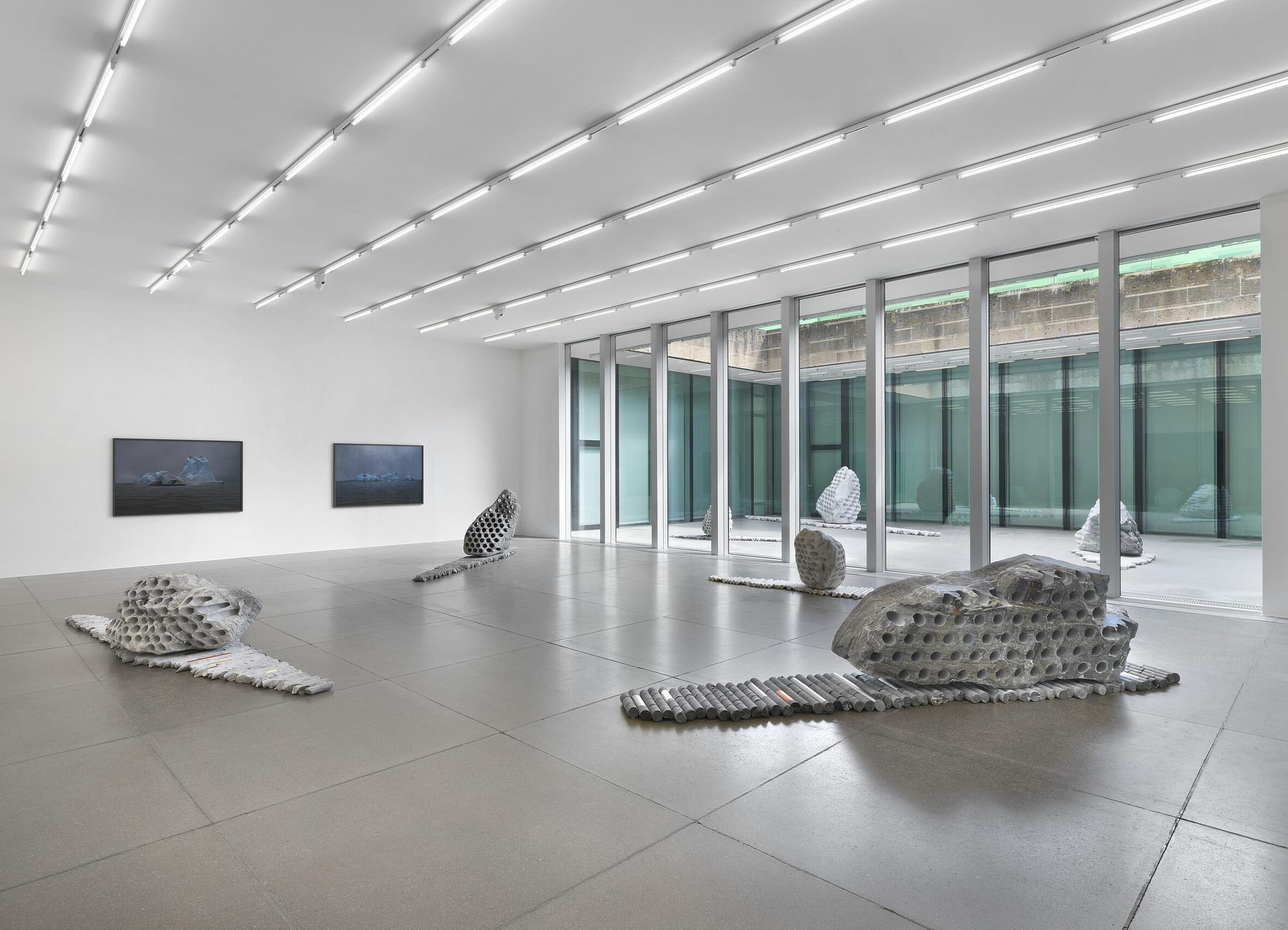 Exhibition View Julian Charrière Soloshow «Towards No Earthly Pole; view on Julian Charrière, Not All Who Wander Are Lost, 2019 & The Blue Fossil Entropic Stories I, II, III, 2013» at Aargauer Kunsthaus, Aarau, 2020 / Photo: Jens Ziehe / © 2020, ProLitteris, Zürich / Courtesy: the artist