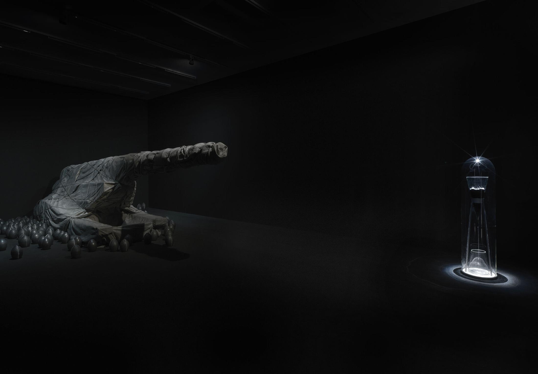 Exhibition View Julian Charrière Soloshow «Towards No Earthly Pole; view on Julian Charrière, The Purchase of The South Pole, 2017 & Pitch Drop, 2016» at Aargauer Kunsthaus, Aarau, 2020 / Photo: Jens Ziehe / © 2020, ProLitteris, Zürich / Courtesy: the artist