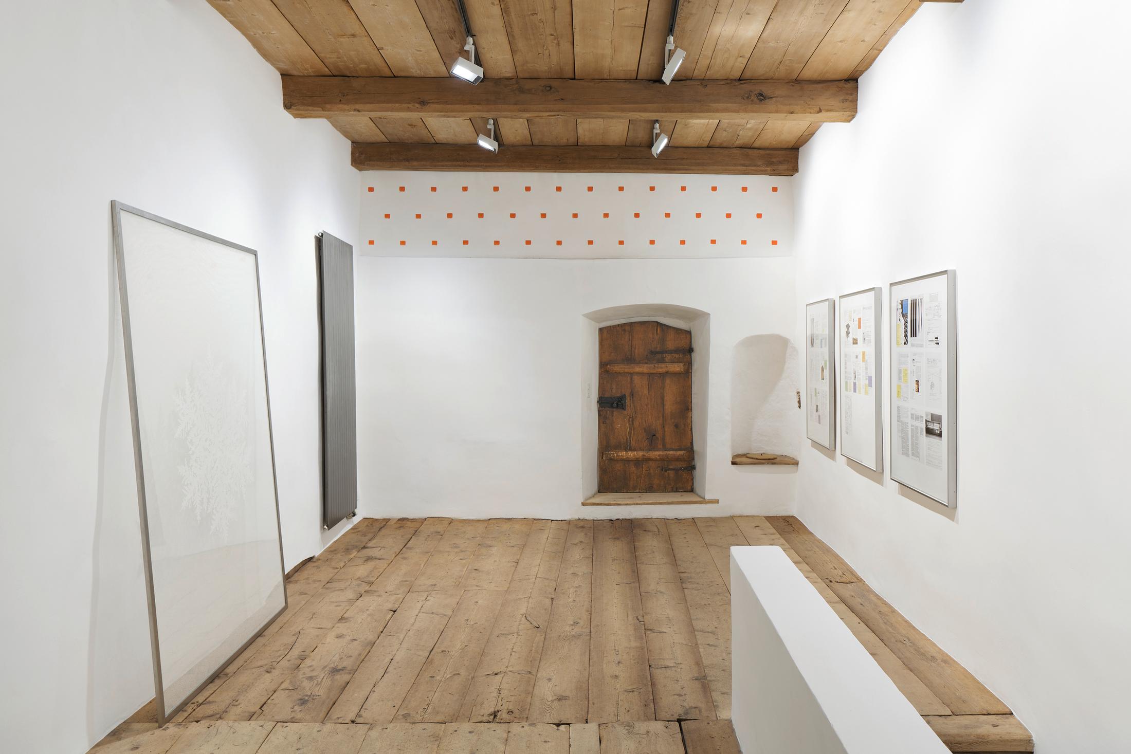 Installation View Julian Charrière Soloshow «Ever Since We Crawled Out / view on An Invitaton to Disappear, 2018» at Galerie Tschudi, Zuoz / Photo: Ralph Feiner / Courtesy: the artist and Galerie Tschudi, Zuoz