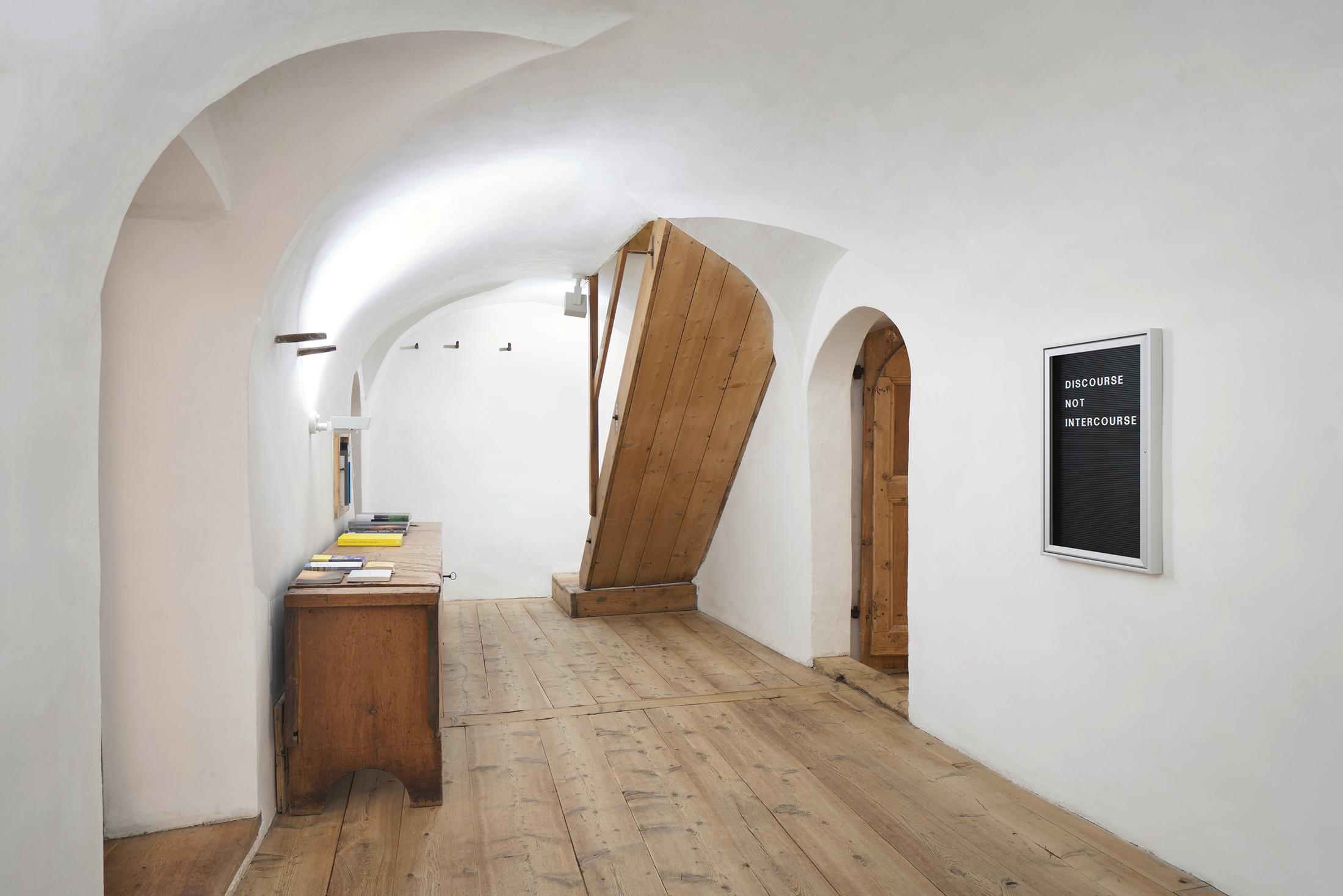 Installation View Julian Charrière Soloshow «Ever Since We Crawled Out / view on An Invitaton to Disappear, 2018» at Galerie Tschudi, Zuoz / Photo: Ralph Feiner / Courtesy: the artist and Galerie Tschudi, Zuoz