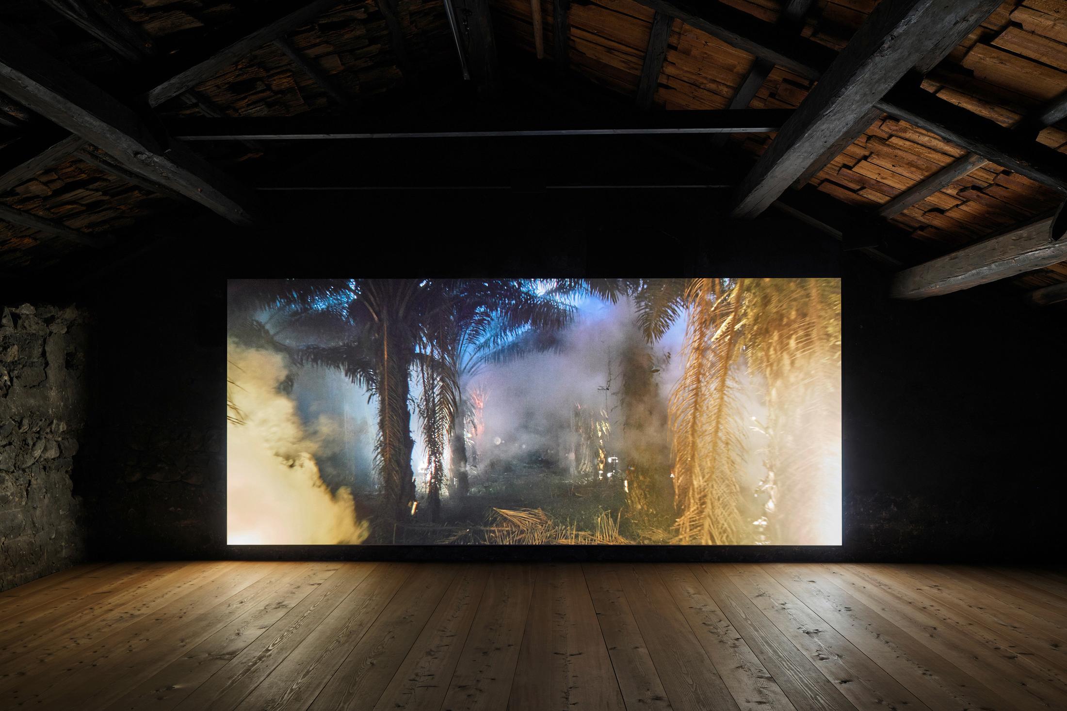 Installation View Julian Charrière Soloshow «Ever Since We Crawled Out / view on An Invitaton to Disappear, 2018» at Galerie Tschudi, Zuoz / Photo: Ralph Feiner / Courtesy: the artist and Galerie Tschudi, Zuoz