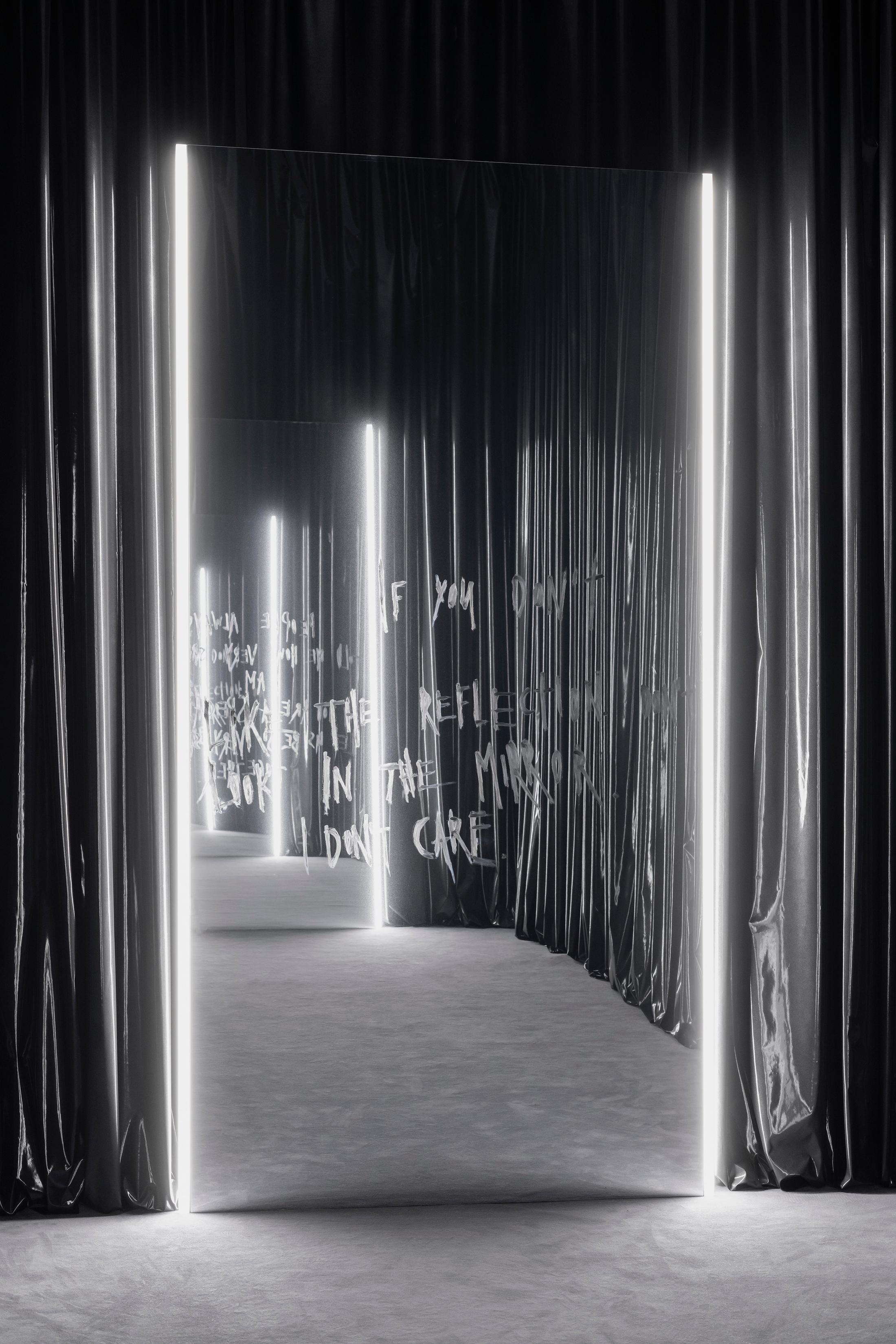 Exhibition View Julian-Jakob Kneer Solo Show «SHOOTING STAR; view on Julian-Jakob Kneer, IF YOU DON'T LIKE THE REFLECTION. DON'T LOOK IN THE MIRROR. I DON'T CARE. (LUKA), 2022» at Blue Velvet Projects, Zurich, 2022 / Photo: Flavio Karrer / Courtesy: the artist and Blue Velvet Projects