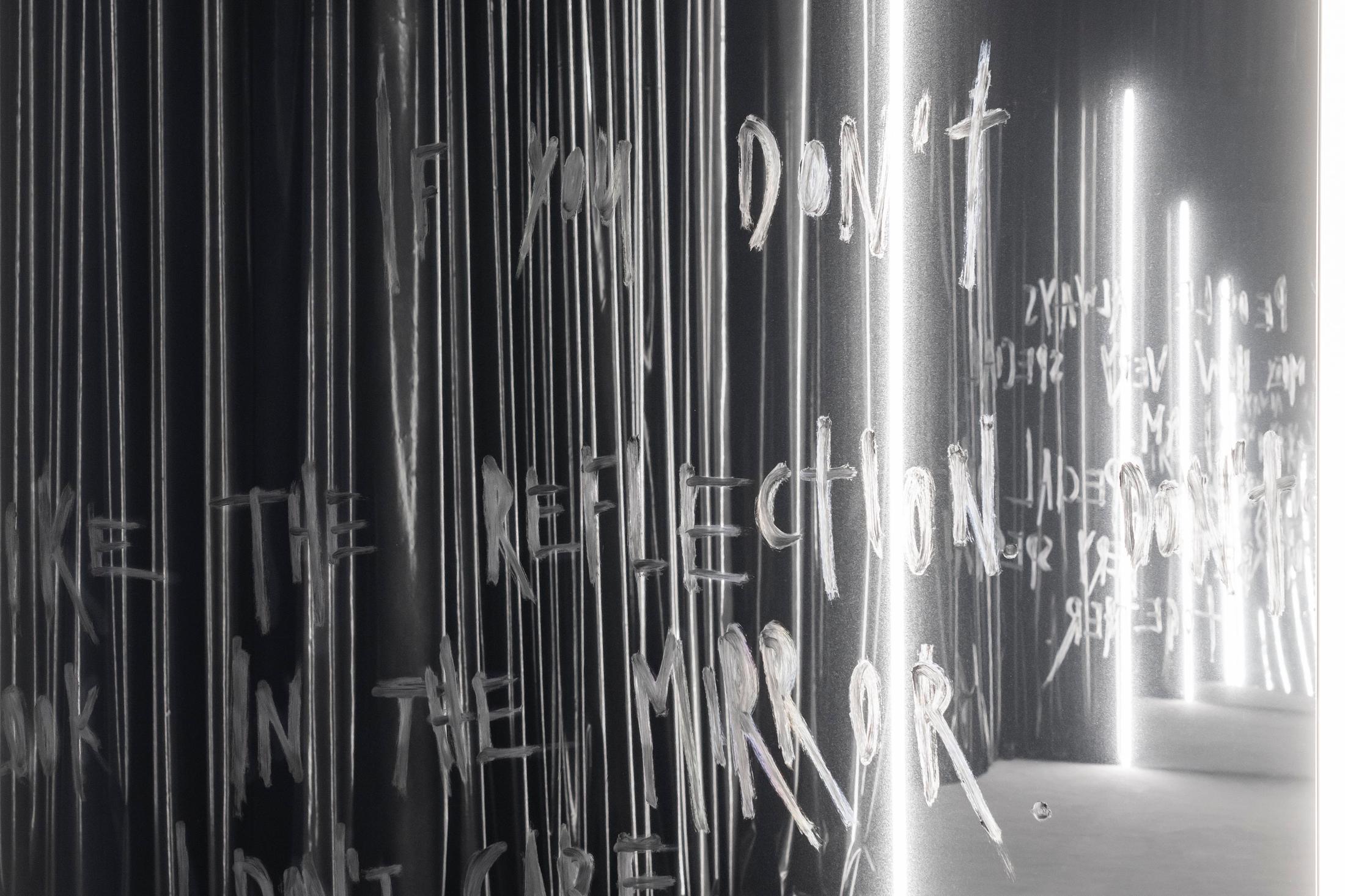 Exhibition View Julian-Jakob Kneer Solo Show «SHOOTING STAR; view on Julian-Jakob Kneer, IF YOU DON'T LIKE THE REFLECTION. DON'T LOOK IN THE MIRROR. I DON'T CARE. (LUKA), 2022» at Blue Velvet Projects, Zurich, 2022 / Photo: Flavio Karrer / Courtesy: the artist and Blue Velvet Projects