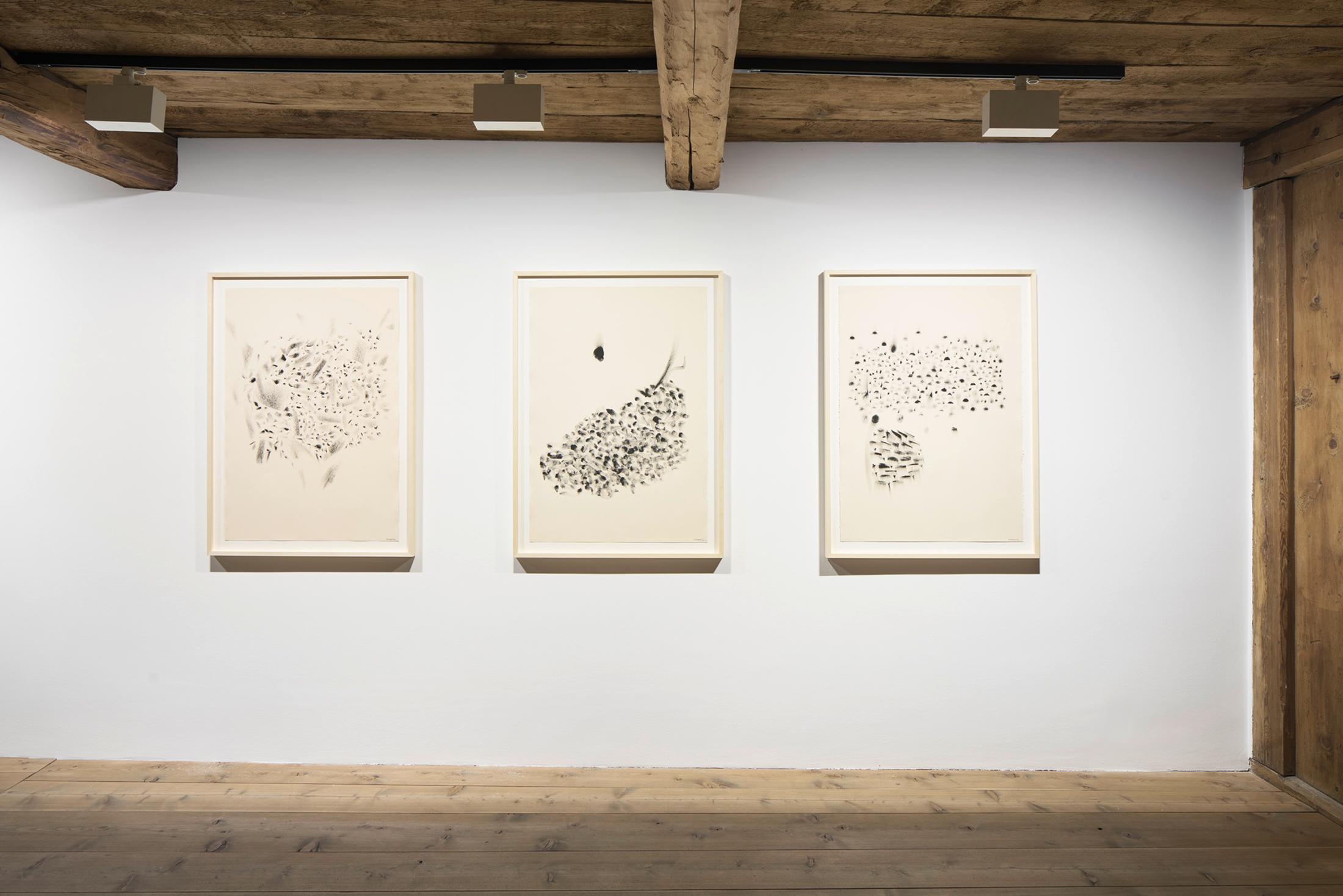 Exhibition View Kemang Wa Lehulere Solo Show «Where Did the Sky Go?; view on Kemang Wa Lehulere, The Sky Sleeps in Your Eye 12, 10, 11, ink on paper, each 112 x 83 x 3.5 cm (framed)» at Galerie Tschudi, Zuoz, Engadin, 2020 / Photo: Ralph Feiner / Courtesy: the artist and Galerie Tschudi