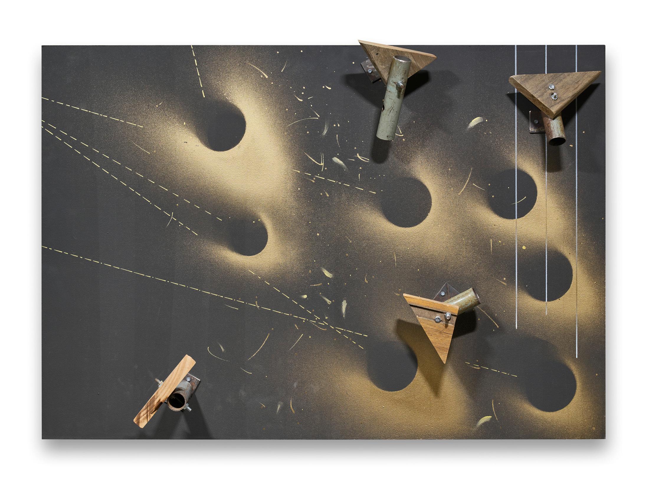 Exhibition View Kemang Wa Lehulere Solo Show «Where Did the Sky Go?; view on Kemang Wa Lehulere, Cosmic Orbit 9, 2020, blackboard paint on MDF, metal, wood, 70 x 100 x 13.5 cm» at Galerie Tschudi, Zuoz, Engadin, 2020 / Photo: Ralph Feiner / Courtesy: the artist and Galerie Tschudi