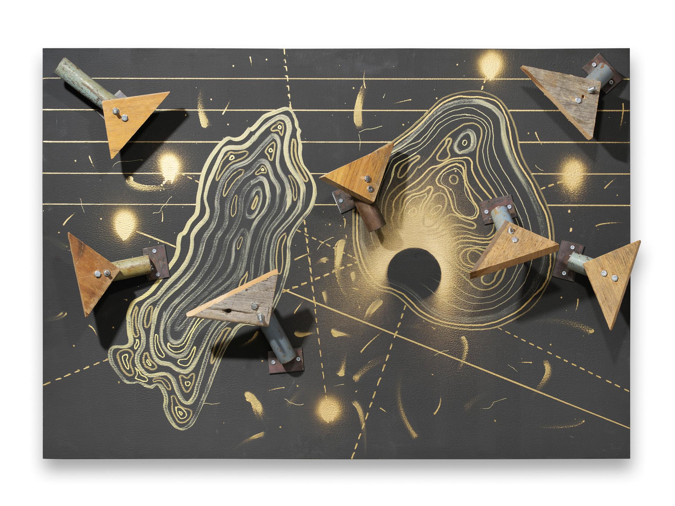 Exhibition View Kemang Wa Lehulere Solo Show «Where Did the Sky Go?; view on Kemang Wa Lehulere, Cosmic Orbit 1, 2020, blackboard paint on MDF, metal, wood, 70 x 100 x 13.5 cm» at Galerie Tschudi, Zuoz, Engadin, 2020 / Photo: Ralph Feiner / Courtesy: the artist and Galerie Tschudi