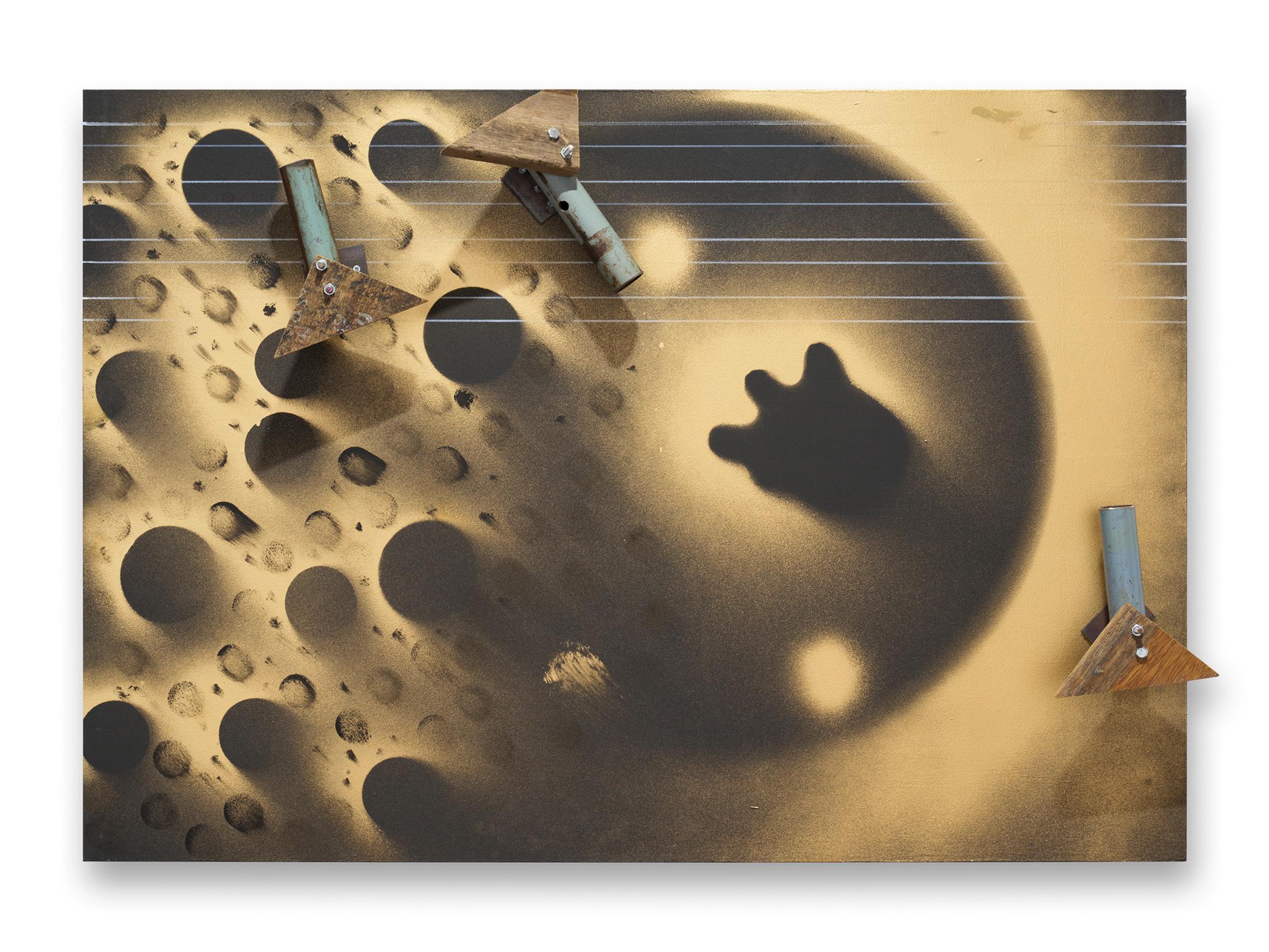 Exhibition View Kemang Wa Lehulere Solo Show «Where Did the Sky Go?; view on Kemang Wa Lehulere, Cosmic Orbit 7, 2020, blackboard paint on MDF, metal, wood, 70 x 100 x 13.5 cm» at Galerie Tschudi, Zuoz, Engadin, 2020 / Photo: Ralph Feiner / Courtesy: the artist and Galerie Tschudi