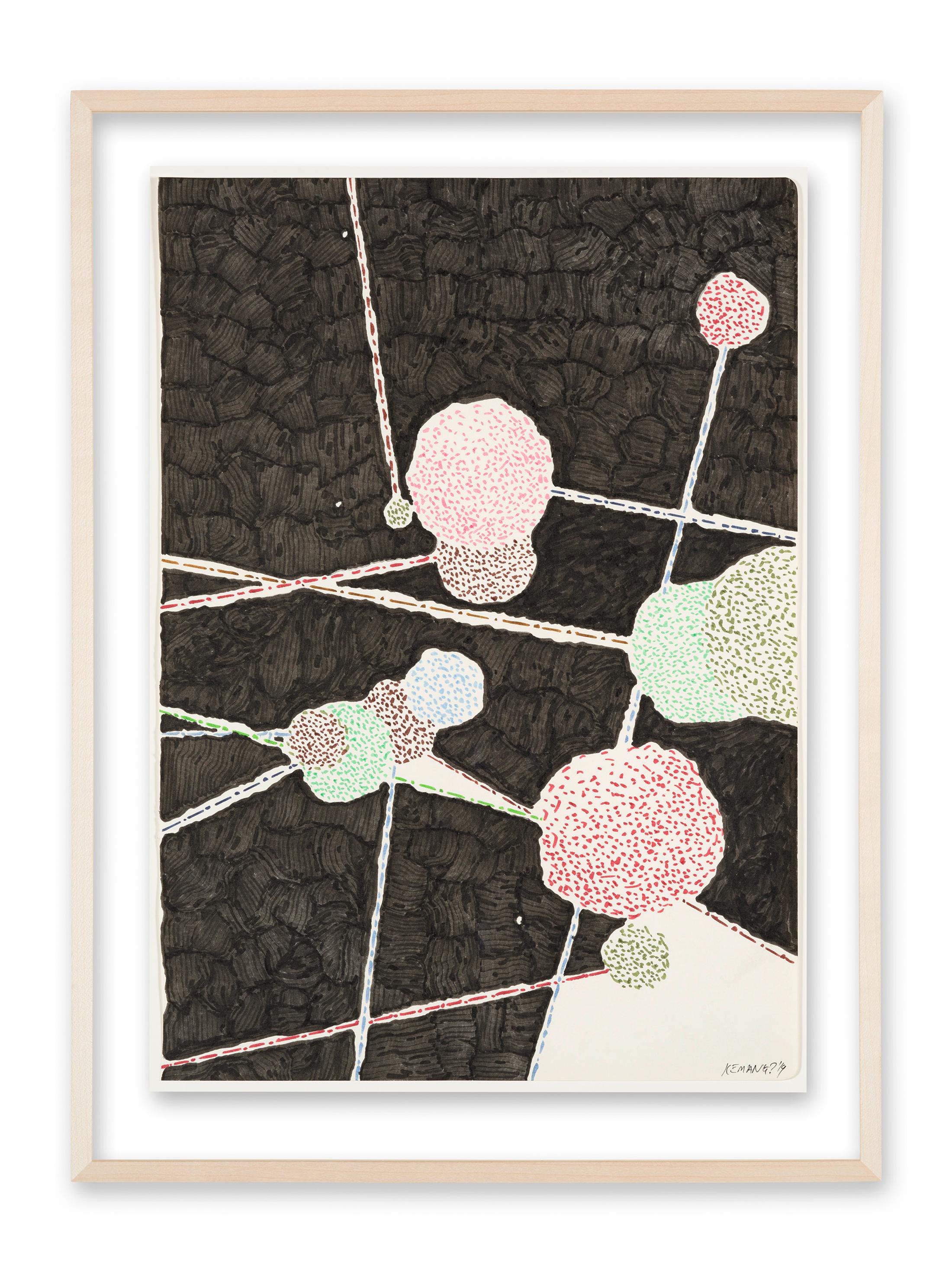 Exhibition View Kemang Wa Lehulere Solo Show «Where Did the Sky Go?; view on Kemang Wa Lehulere, Sky Dwellers 9, 2019, ink on paper, 42 x 29.5 cm / 50.5 x 37.5 cm (framed)» at Galerie Tschudi, Zuoz, Engadin, 2020 / Photo: Ralph Feiner / Courtesy: the artist and Galerie Tschudi