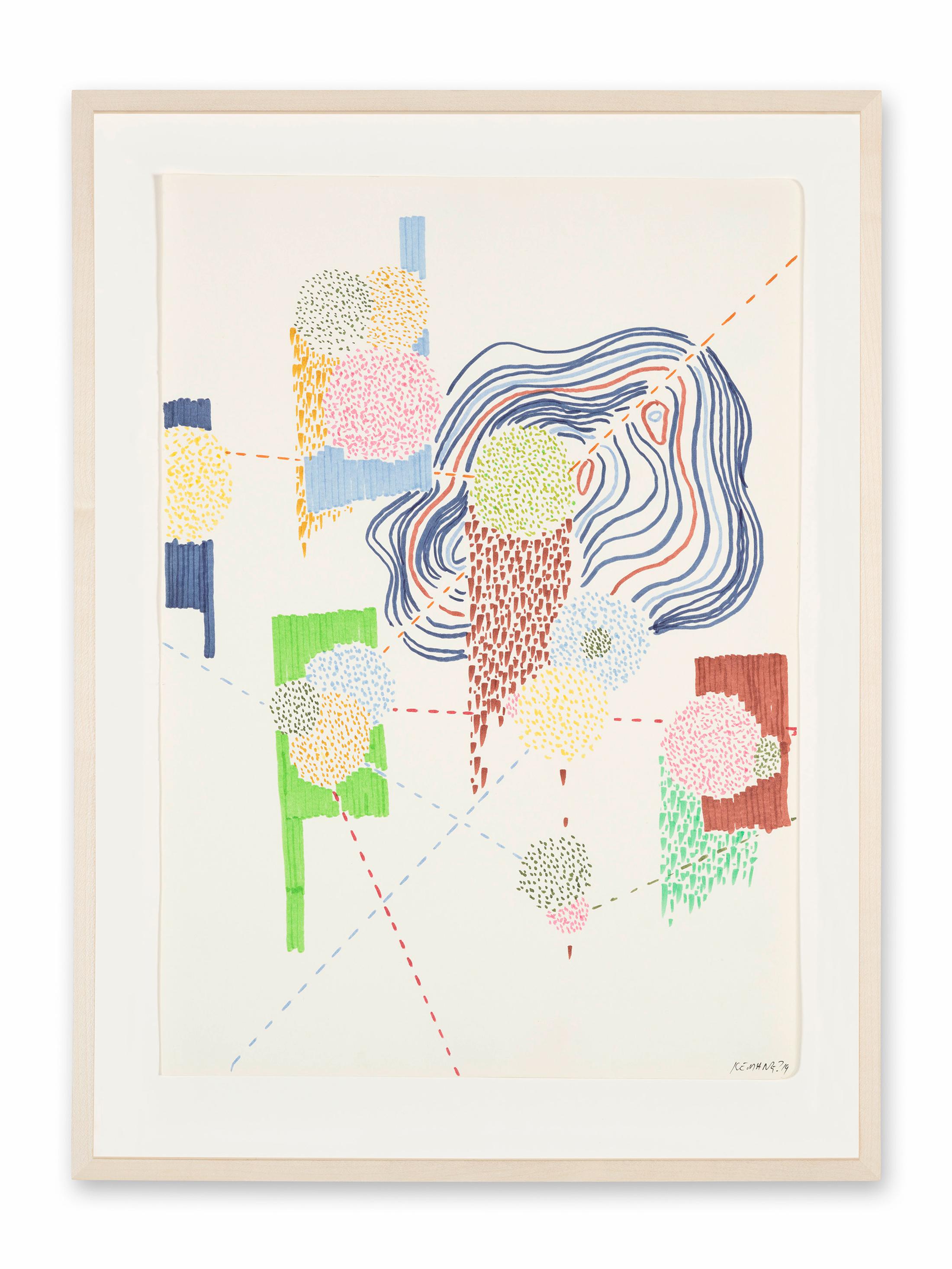 Exhibition View Kemang Wa Lehulere Solo Show «Where Did the Sky Go?; view on Kemang Wa Lehulere, Sky Dwellers 8, 2019, ink on paper, 42 x 29.5 cm / 50.5 x 37.5 cm (framed)» at Galerie Tschudi, Zuoz, Engadin, 2020 / Photo: Ralph Feiner / Courtesy: the artist and Galerie Tschudi