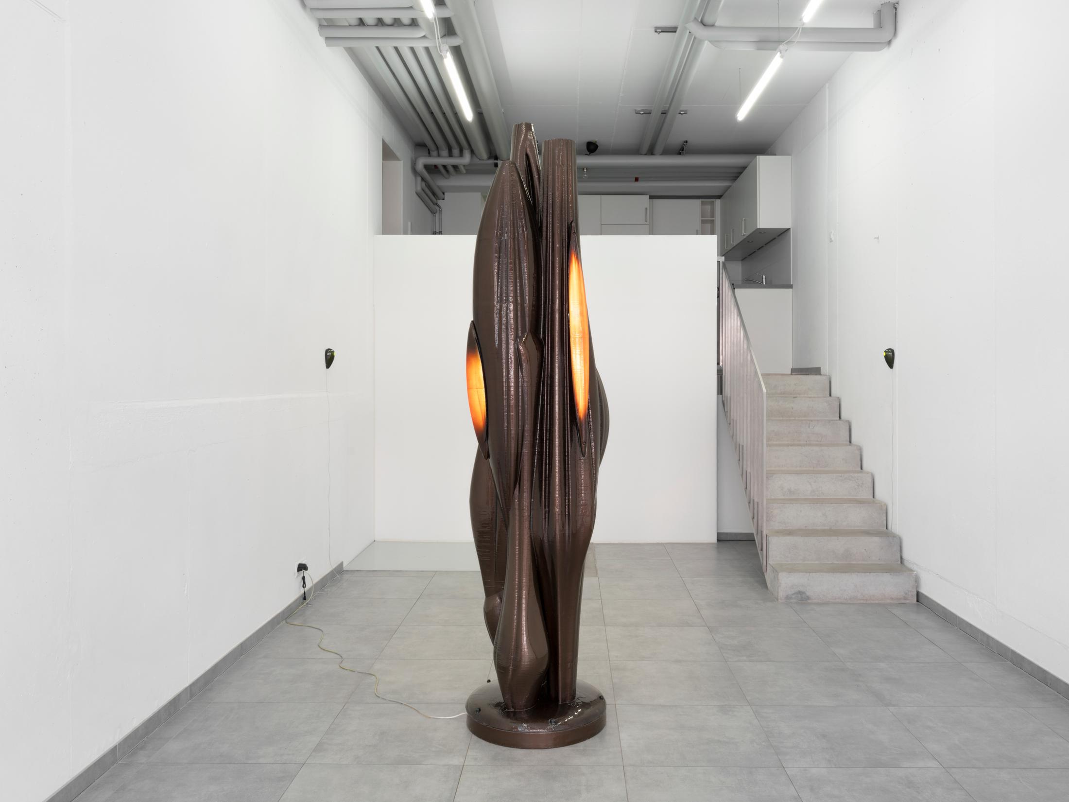 Exhibition View Kim Farkas Solo Show «We're still here; view on Kim Farkas, 22-20, 2022, custom composites, PETG, LED, electronics, ø 60 x 249 cm» at All Stars, Lausanne, 2023 / Photo: Julien Gremaud / Courtesy: the artist and All Stars