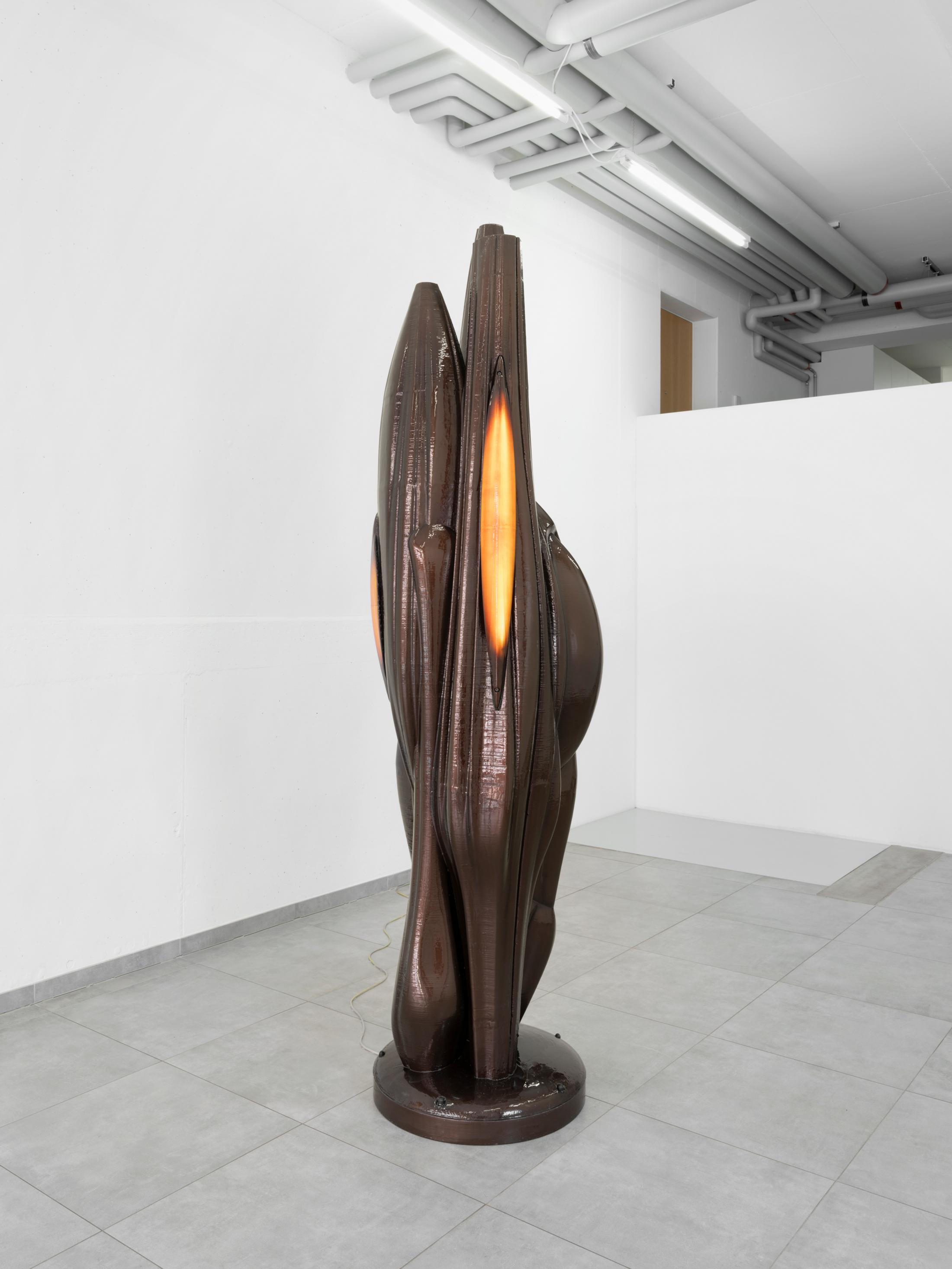 Exhibition View Kim Farkas Solo Show «We're still here; view on Kim Farkas, 22-20, 2022, custom composites, PETG, LED, electronics, ø 60 x 249 cm» at All Stars, Lausanne, 2023 / Photo: Julien Gremaud / Courtesy: the artist and All Stars