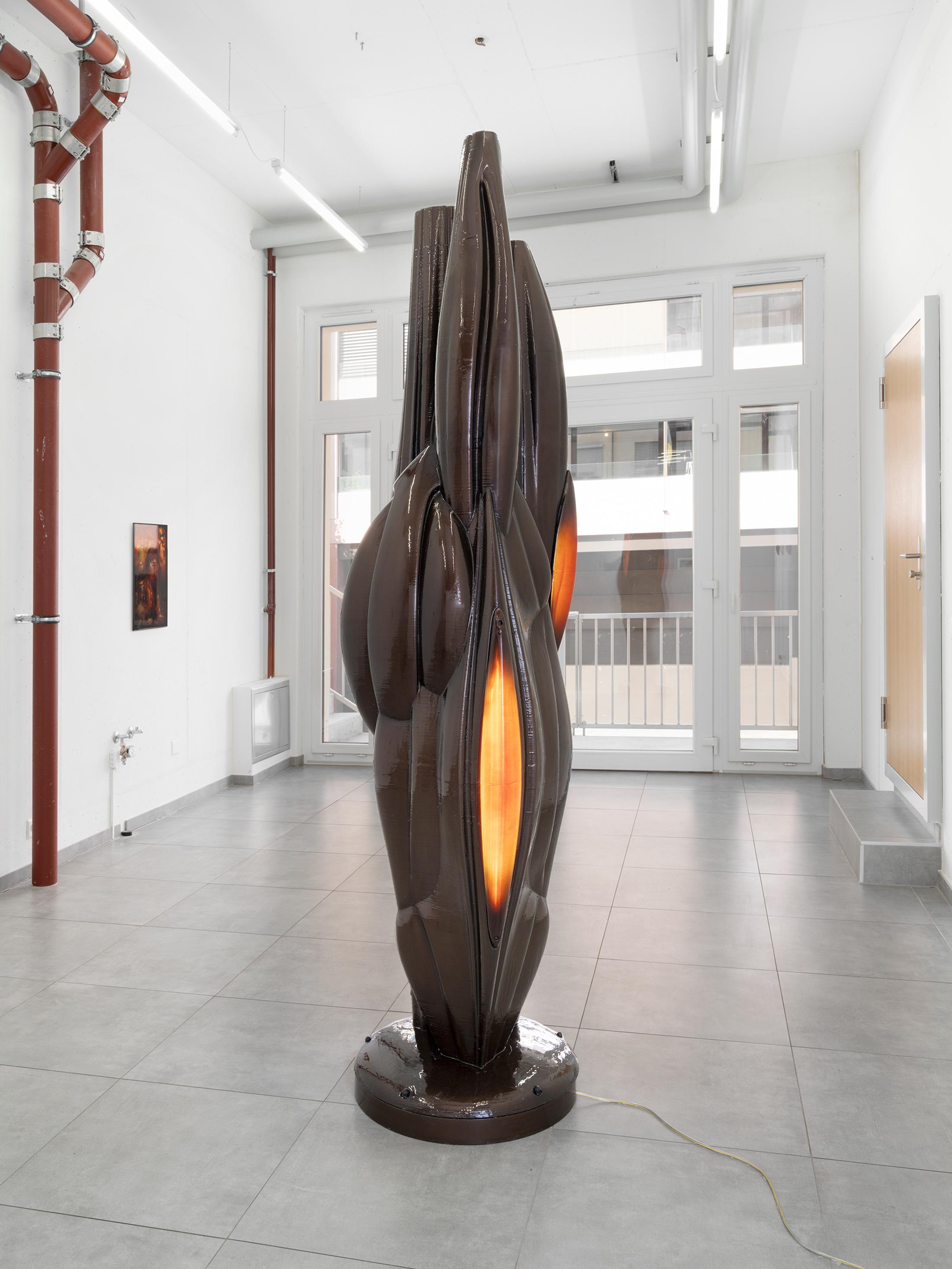 Exhibition View Kim Farkas Solo Show «We're still here; view on Kim Farkas, 22-20, 2022, custom composites, PETG, LED, electronics, ø 60 x 249 cm» at All Stars, Lausanne, 2023 / Photo: Julien Gremaud / Courtesy: the artist and All Stars