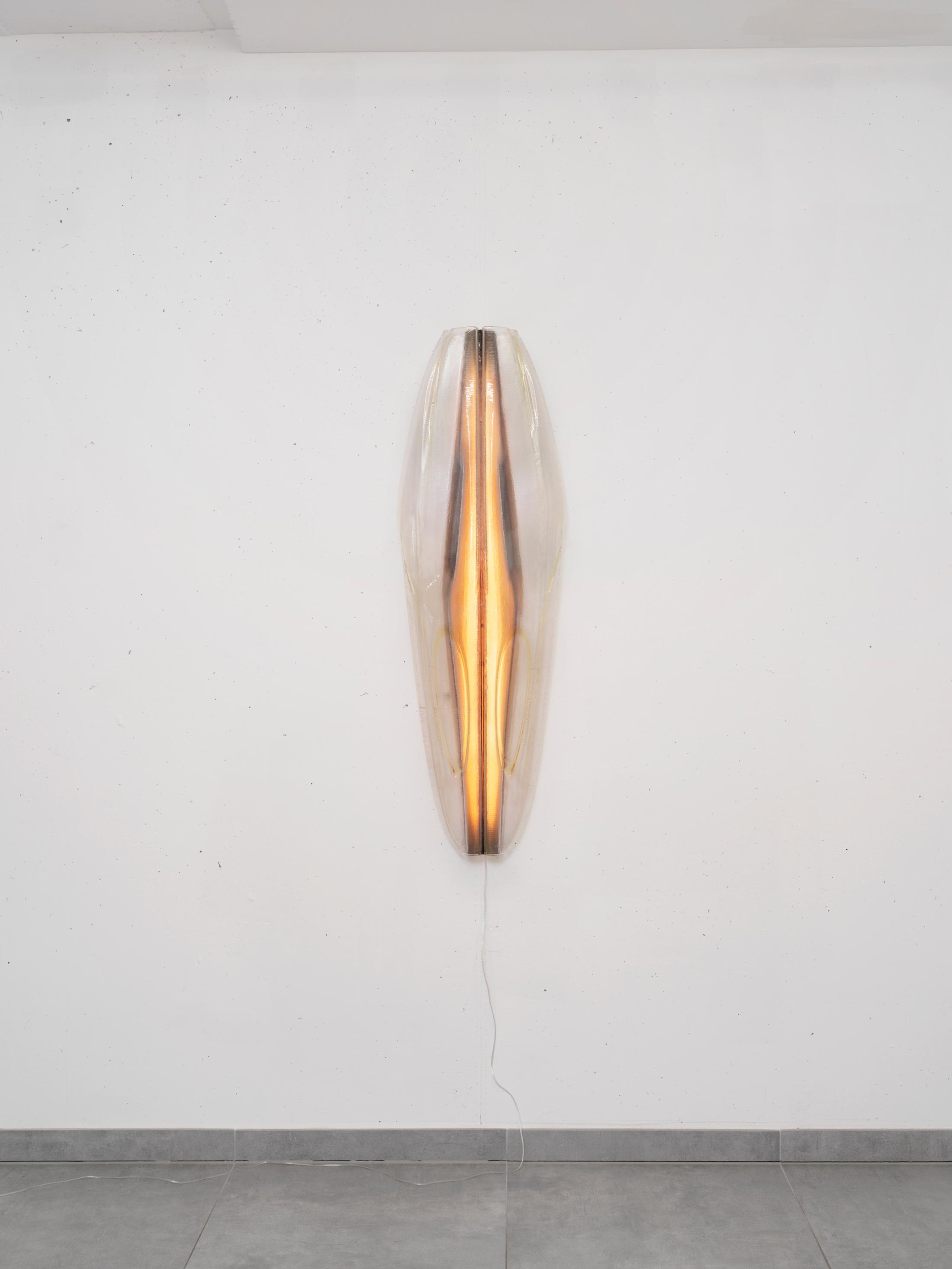 Exhibition View Kim Farkas Solo Show «We're still here; view on Kim Farkas, 23-04, 2023, custom composites, PETG, LED, electronics, 110 x 37 x 18 cm» at All Stars, Lausanne, 2023 / Photo: Julien Gremaud / Courtesy: the artist and All Stars