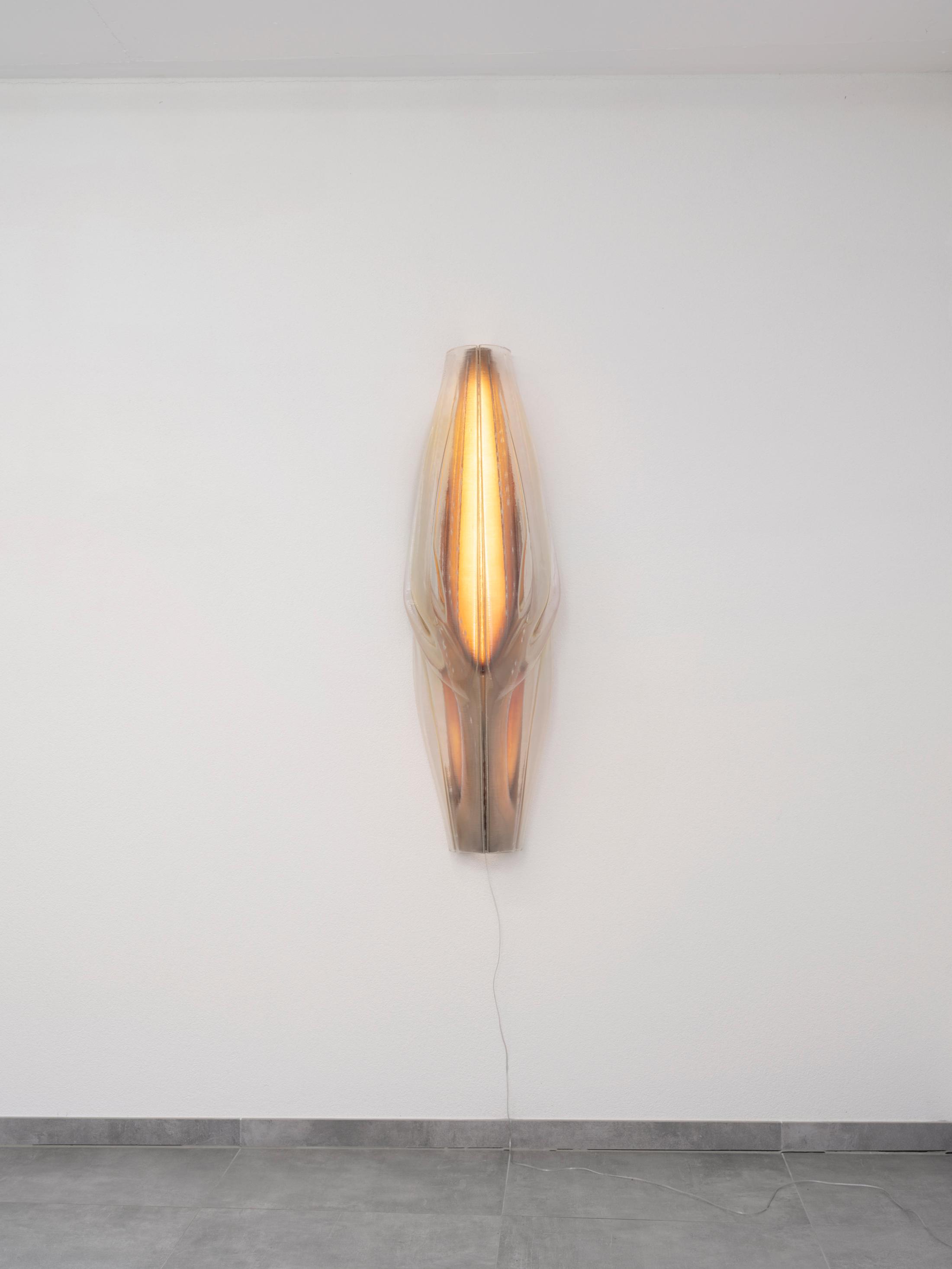 Exhibition View Kim Farkas Solo Show «We're still here; view on Kim Farkas, 23-05, 2023, custom composites, PETG, LED, electronics, 110 x 37 x 18 cm» at All Stars, Lausanne, 2023 / Photo: Julien Gremaud / Courtesy: the artist and All Stars