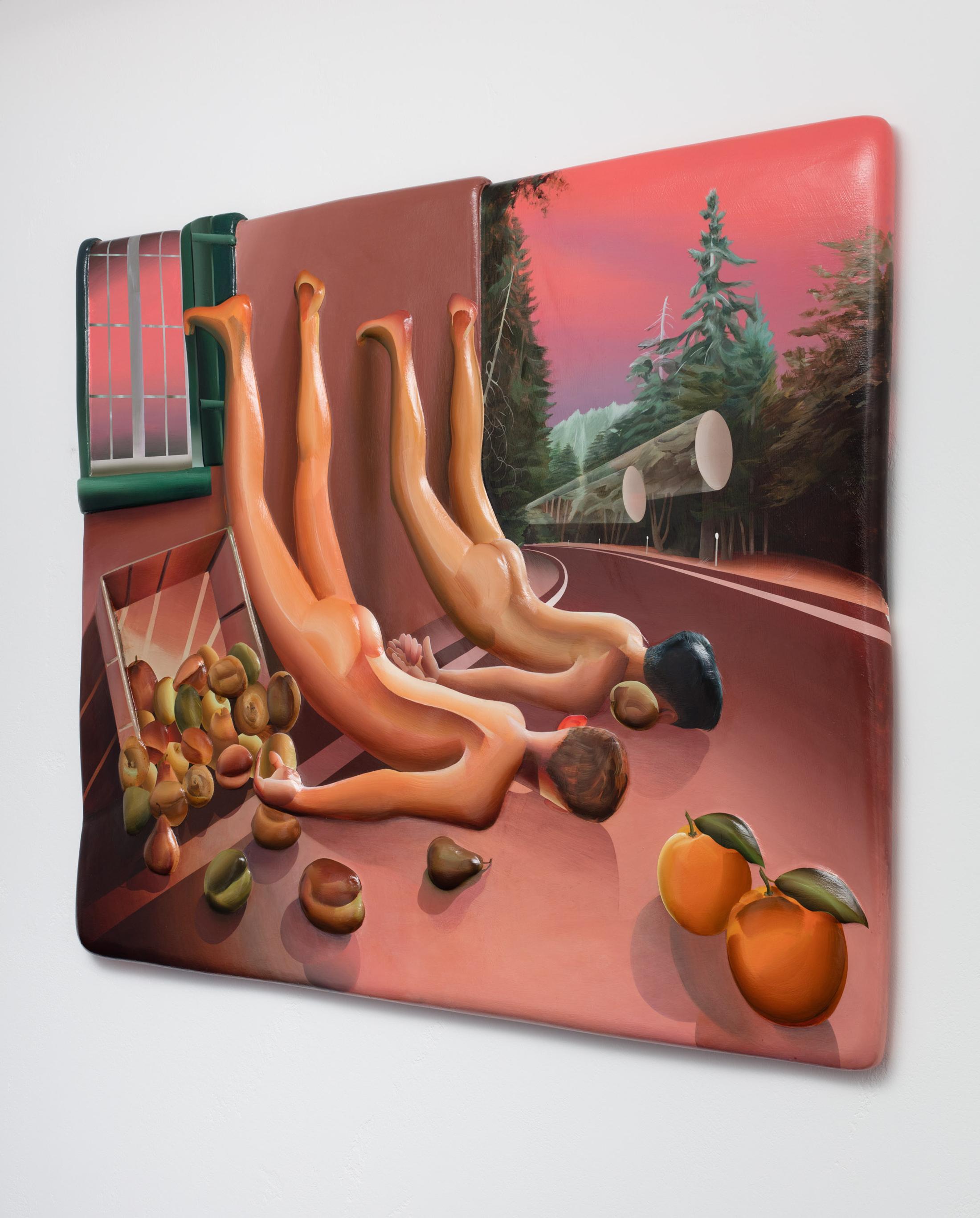 Exhibition View Kyle Dunn Solo Show «The Fool; view on Kyle Dunn Pact, 2020, Acrylic on epoxy resin, plaster, and foam panel, 121.9 x 152.4 x 5.1 cm» at Galerie Maria Bernheim, Zurich, 2021 / Photo: Lewis Ronald / Courtesy: the artist and Galerie Maria Bernheim