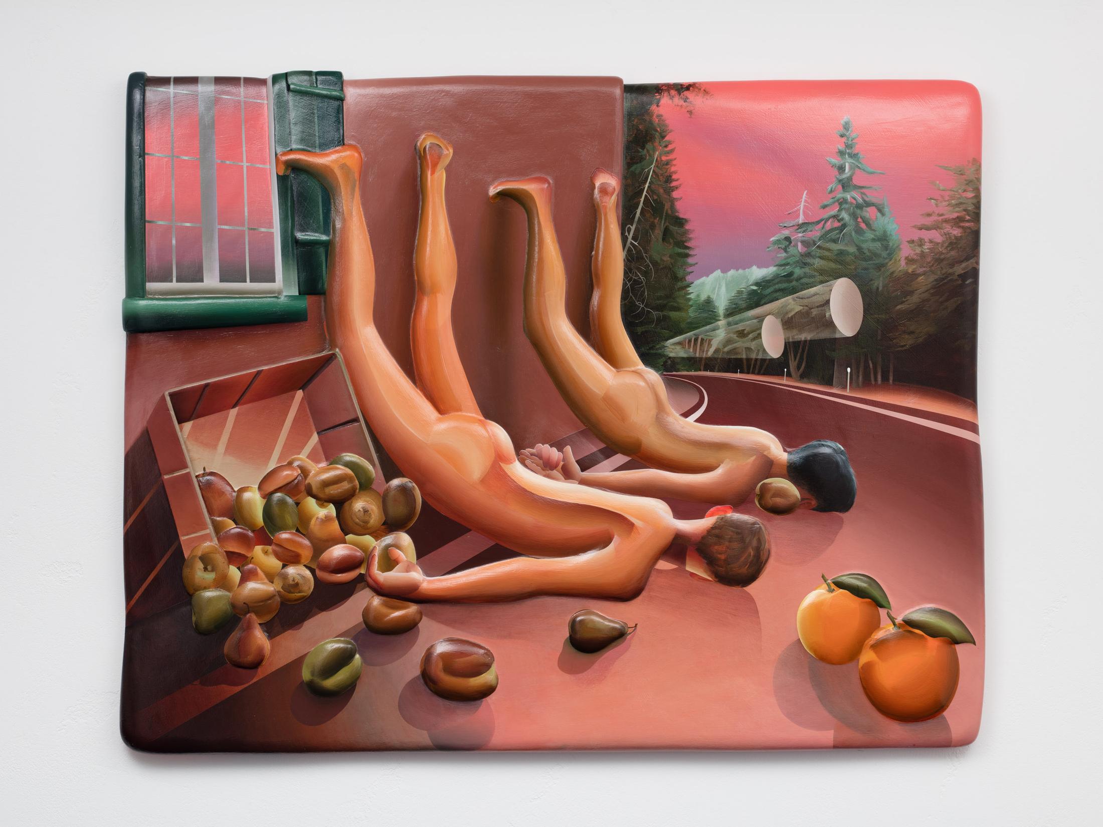 Exhibition View Kyle Dunn Solo Show «The Fool; view on Kyle Dunn Pact, 2020, Acrylic on epoxy resin, plaster, and foam panel, 121.9 x 152.4 x 5.1 cm» at Galerie Maria Bernheim, Zurich, 2021 / Photo: Lewis Ronald / Courtesy: the artist and Galerie Maria Bernheim