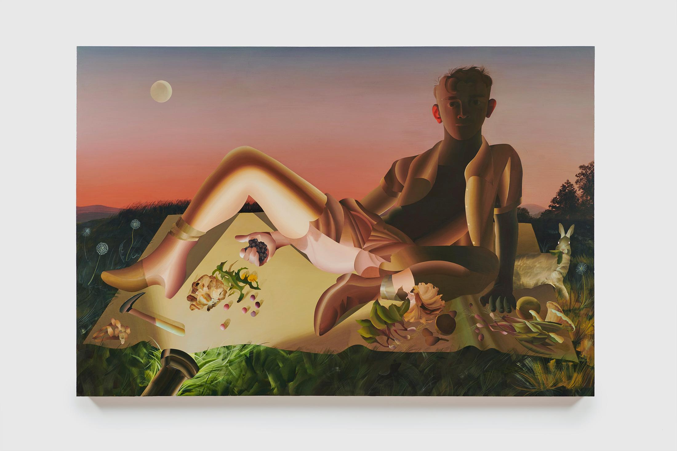 Exhibition View Kyle Dunn Solo Show «The Fool; view on Kyle Dunn, Forager, 2021, Acrylic on wooden panel, 121.9 x 182.9 x 5.7 cm» at Galerie Maria Bernheim, Zurich, 2021 / Photo: Kyle Knodell / Courtesy: the artist and Galerie Maria Bernheim