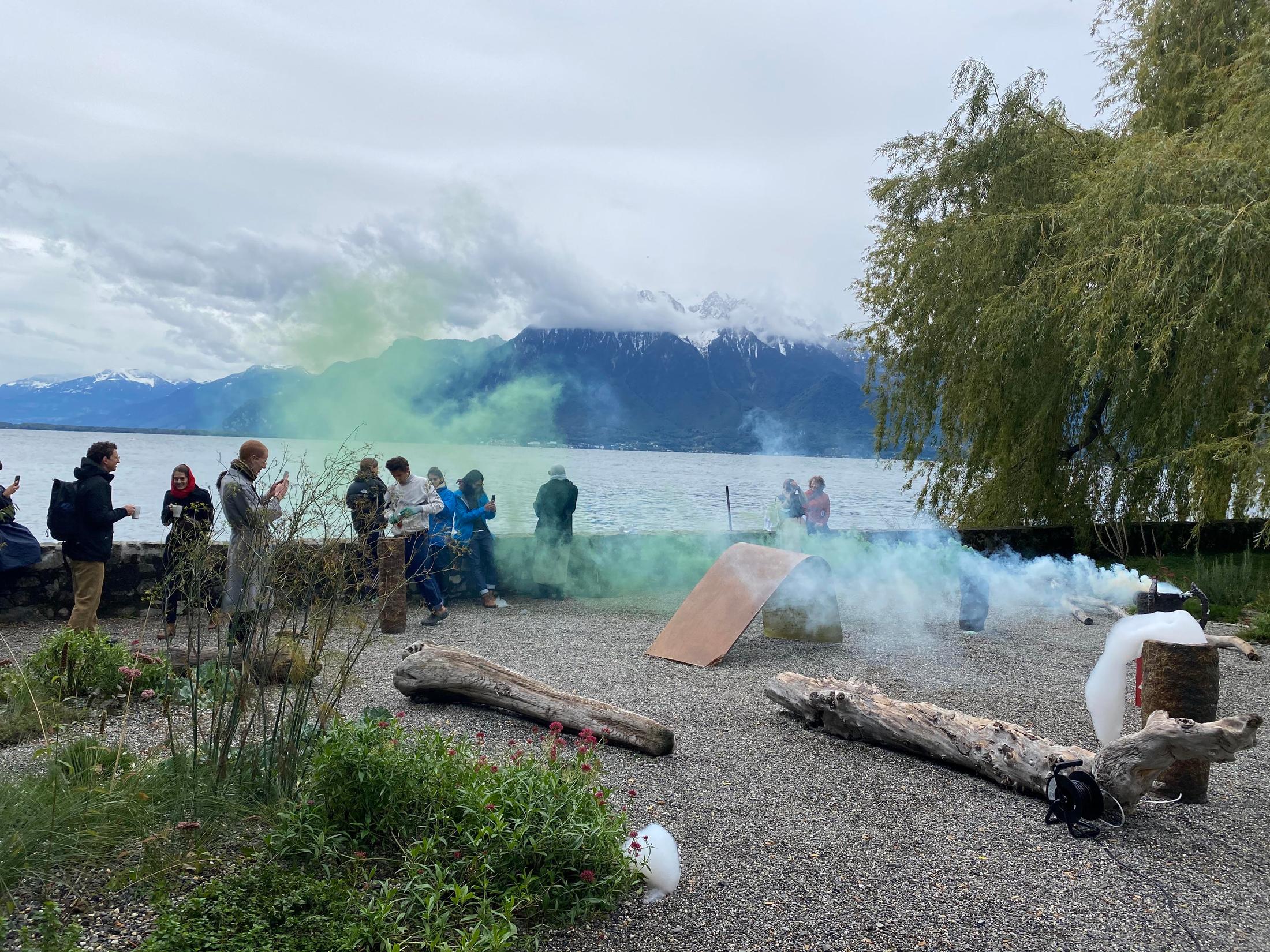 Exhibition View Groupshow «Modern Nature: An Hommage to Derek Jarman, part II; view on Victor Delétraz, L’alu les tuait [Aluminum killed them], performance, 2020» at La Becque, La Tour-de-Peilz, 2020 / Photo: Luc Meier / Courtesy: the artists and La Becque