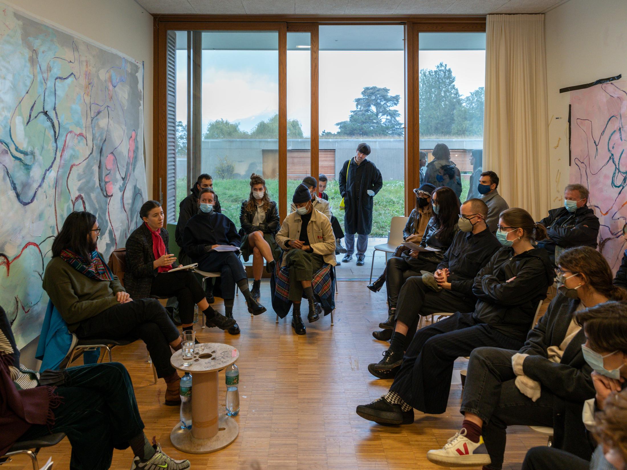 Exhibition View Groupshow «Modern Nature: An Hommage to Derek Jarman, part II; view on Queering Nature, Round table on 26.09.2020 with Elise Lammer, Anne-Laure Franchette, Rosario Taveli, Jose Caceres Mardones» at La Becque, La Tour-de-Peilz, 2020 / Photo: Julien Gremaud / Courtesy: the artists and La Becque