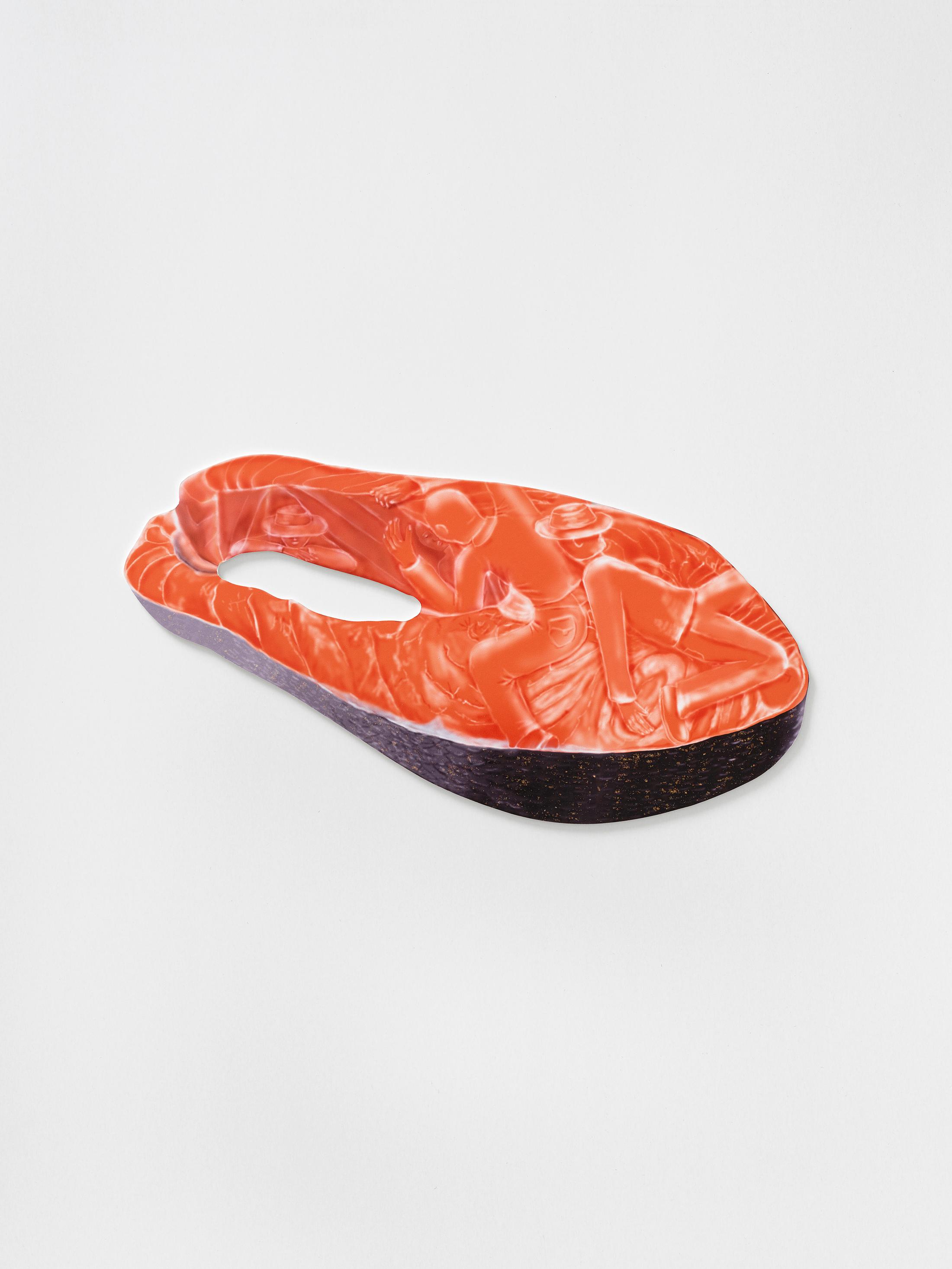 Exhibition View Groupshow «La metamorphose de l'art imprime; view on Louisa Gagliardi, Pique-nique Sauvage 1, 2019 (edition of 22 unique ones)» at VFO, Zurich, 2019 / Photo: Bernhard Strauss / Courtesy: the artist and VFO, Zurich