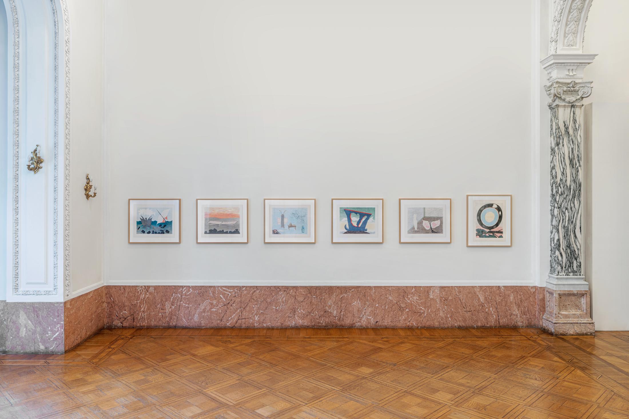Exhibition View Group Show «L'arcobaleno riposa sulla strada; view on Meret Oppenheim, Parapappillionneries, 1976, six lithographs, various dimensions» at Istituto Svizzero, Rome, 2022-2023 / Photo: OKNOstudio, Ela Bialkowska / Courtesy: the artist and Aargauer Kunsthaus Aarau / Schenkung von Heinrich und Marianne Spinner, Biel