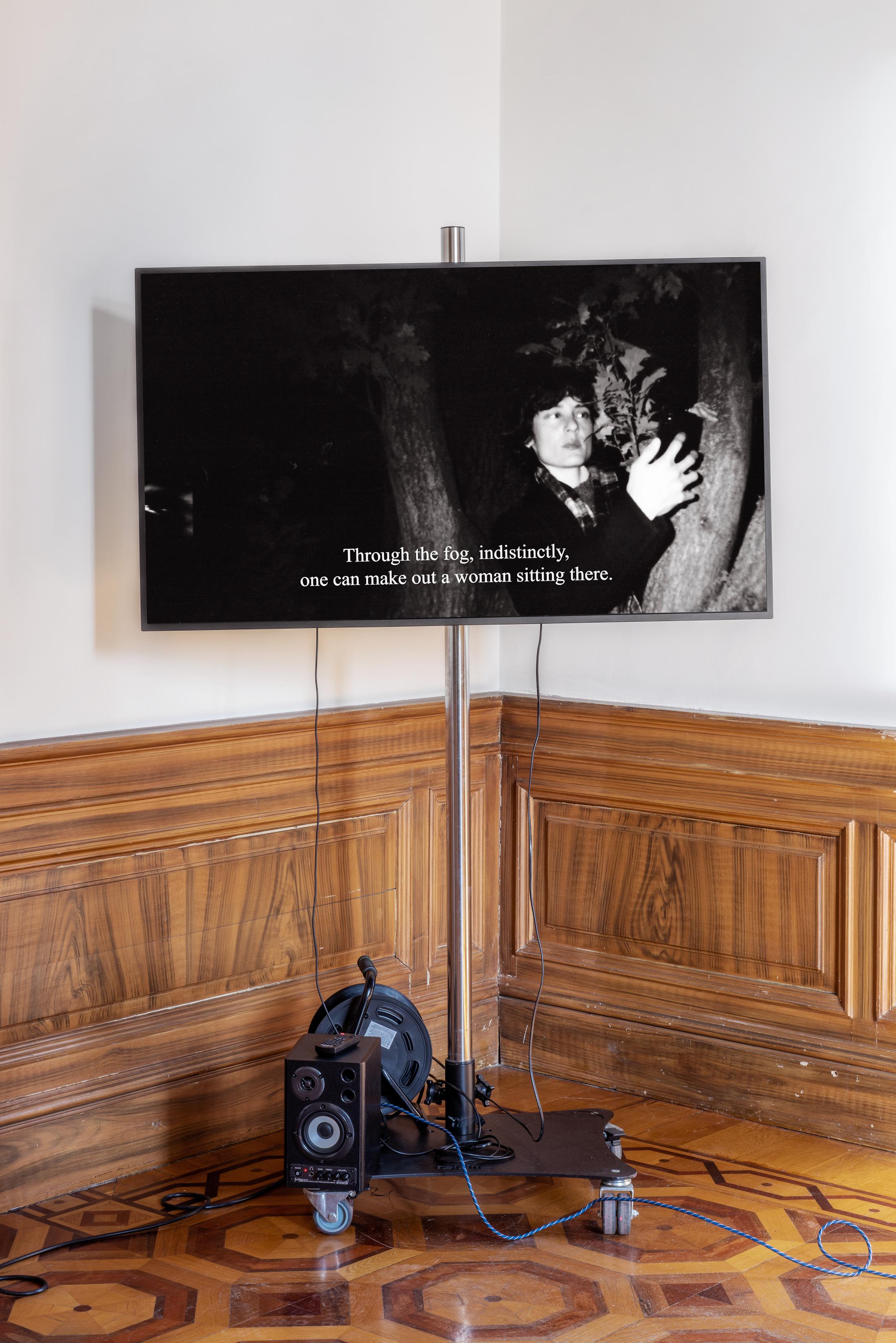 Exhibition View Group Show «L'arcobaleno riposa sulla strada; view on Luzie Meyer, Acute awareness, 2022, HD Video 12:21 min, with excerpts from Meret Oppenheim’s texts» at Istituto Svizzero, Rome, 2022-2023 / Photo: OKNOstudio, Ela Bialkowska / Courtesy: the artist and Istituto Svizzero