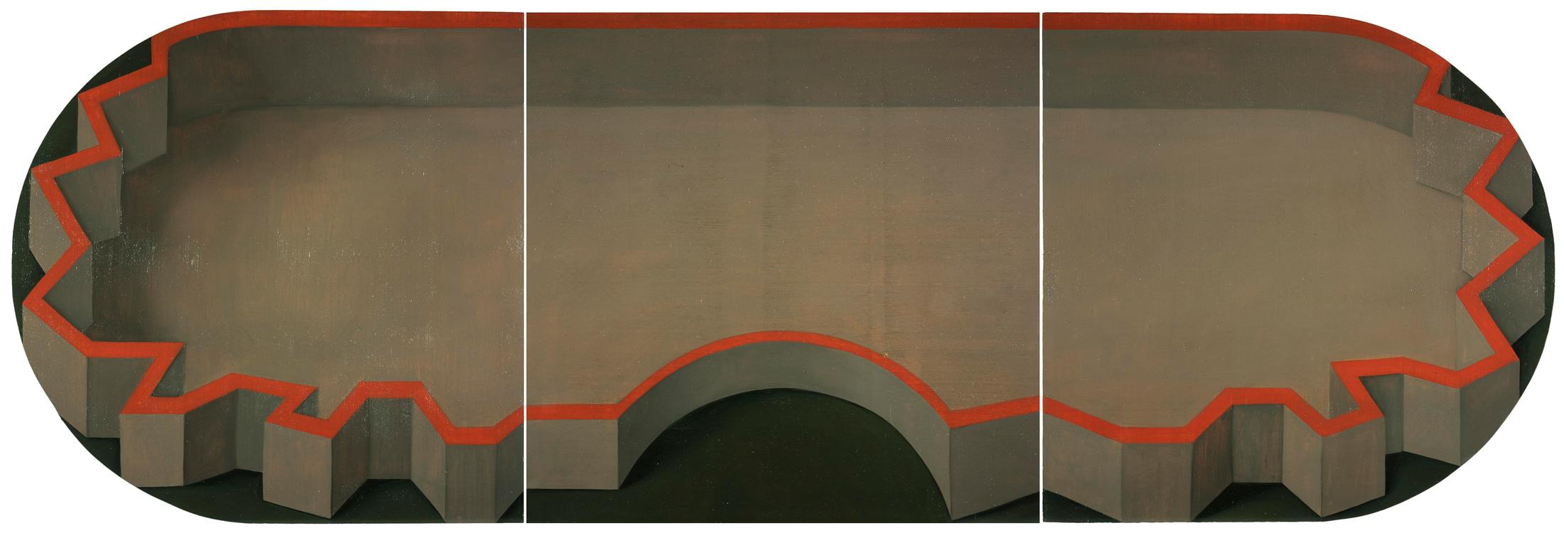 Exhibition View Laura Carralero Solo Show «New Paintings; view on Laura Carralero, Twisted walled, 2021, oil on plywood, 45 x 135 cm» at Mai 36 Galerie, Zurich, 2021 / Courtesy: the artist and Mai 36 Galerie