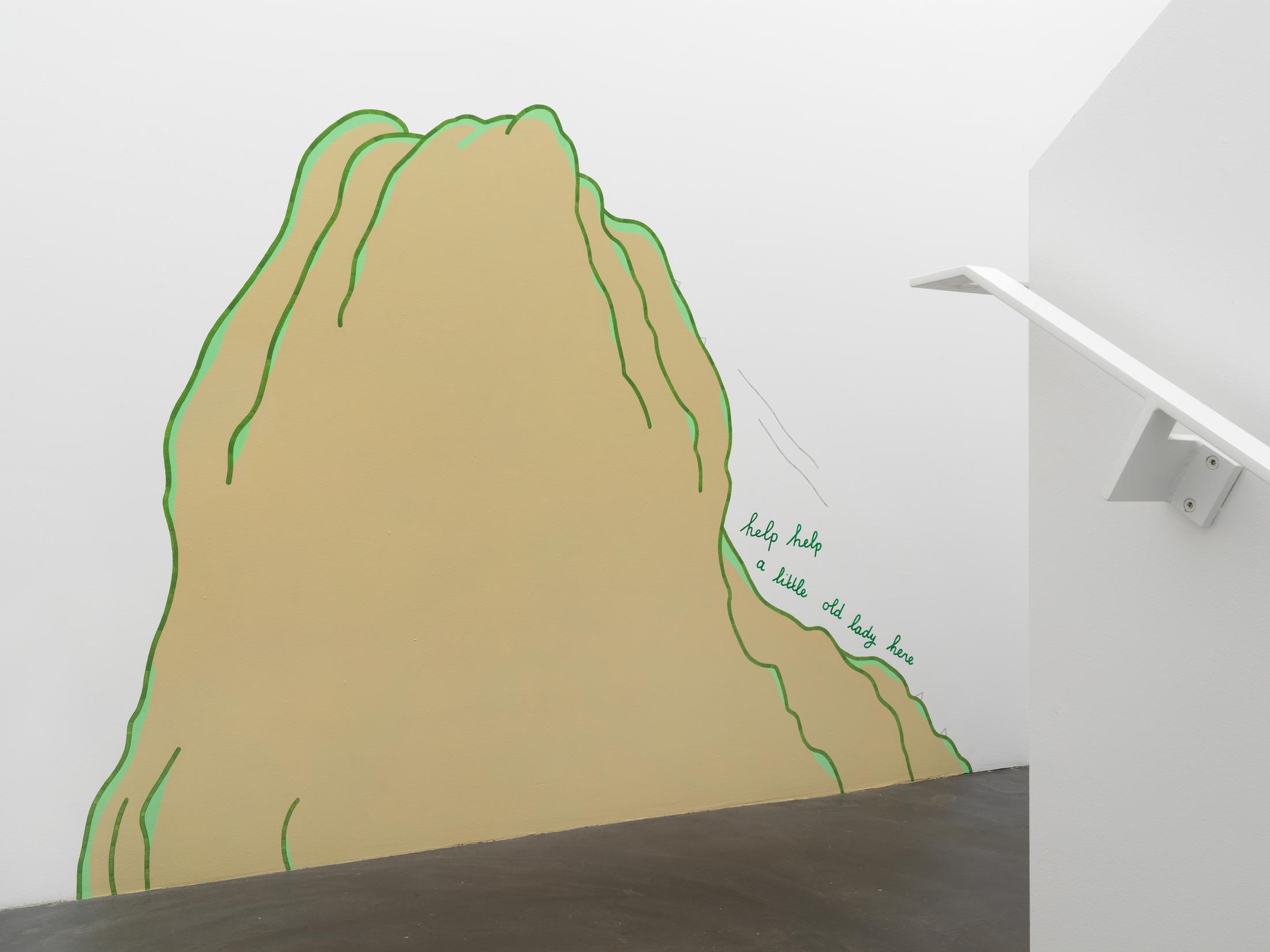 Exhibition View Lily van der Stokker Soloshow «Help help a little old lady here; view on Help, Help Old Lady, 2018/19» at Migros Museum, Zurich, 2019-20 / Photo: Stefan Alternburger / Courtesy the artist and kaufmann repetto, Milan/New York