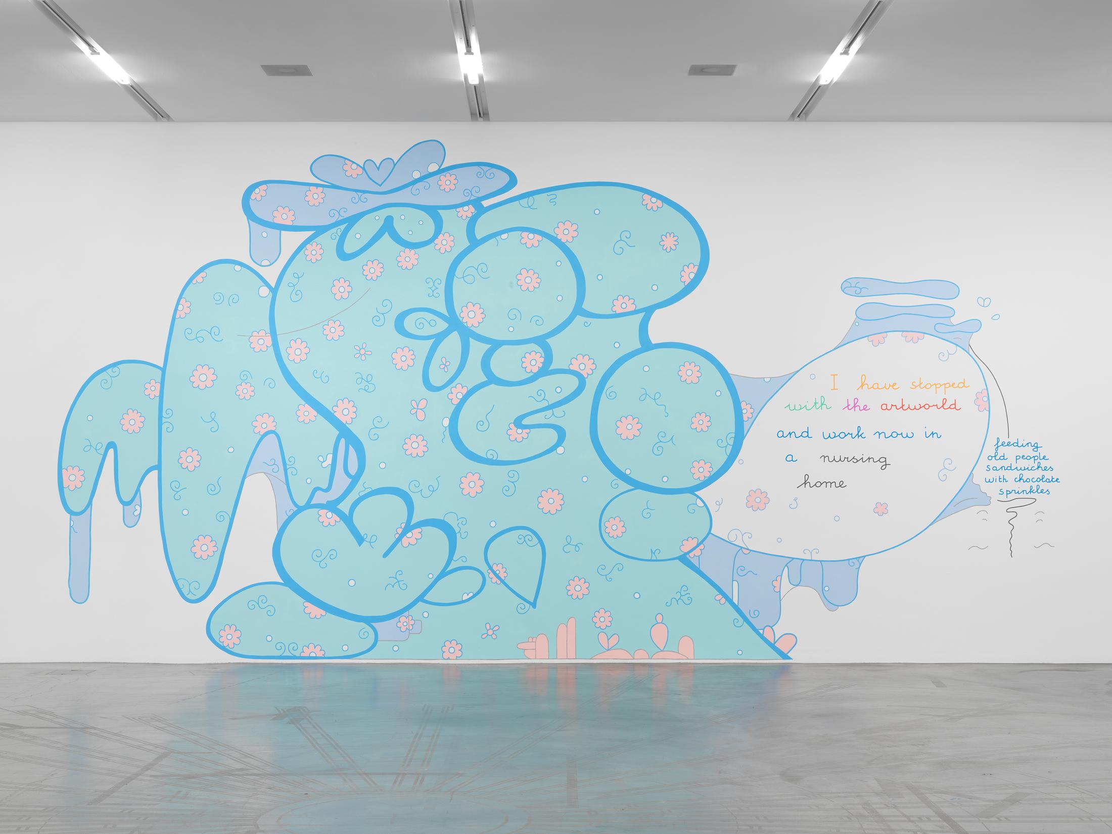 Exhibition View Lily van der Stokker Soloshow «Help help a little old lady here; view on Sandwiches with Chocolate Sprinkles, 2007/19» at Migros Museum, Zurich, 2019-20 / Photo: Stefan Alternburger / Courtesy the artist and kaufmann repetto, Milan/New York