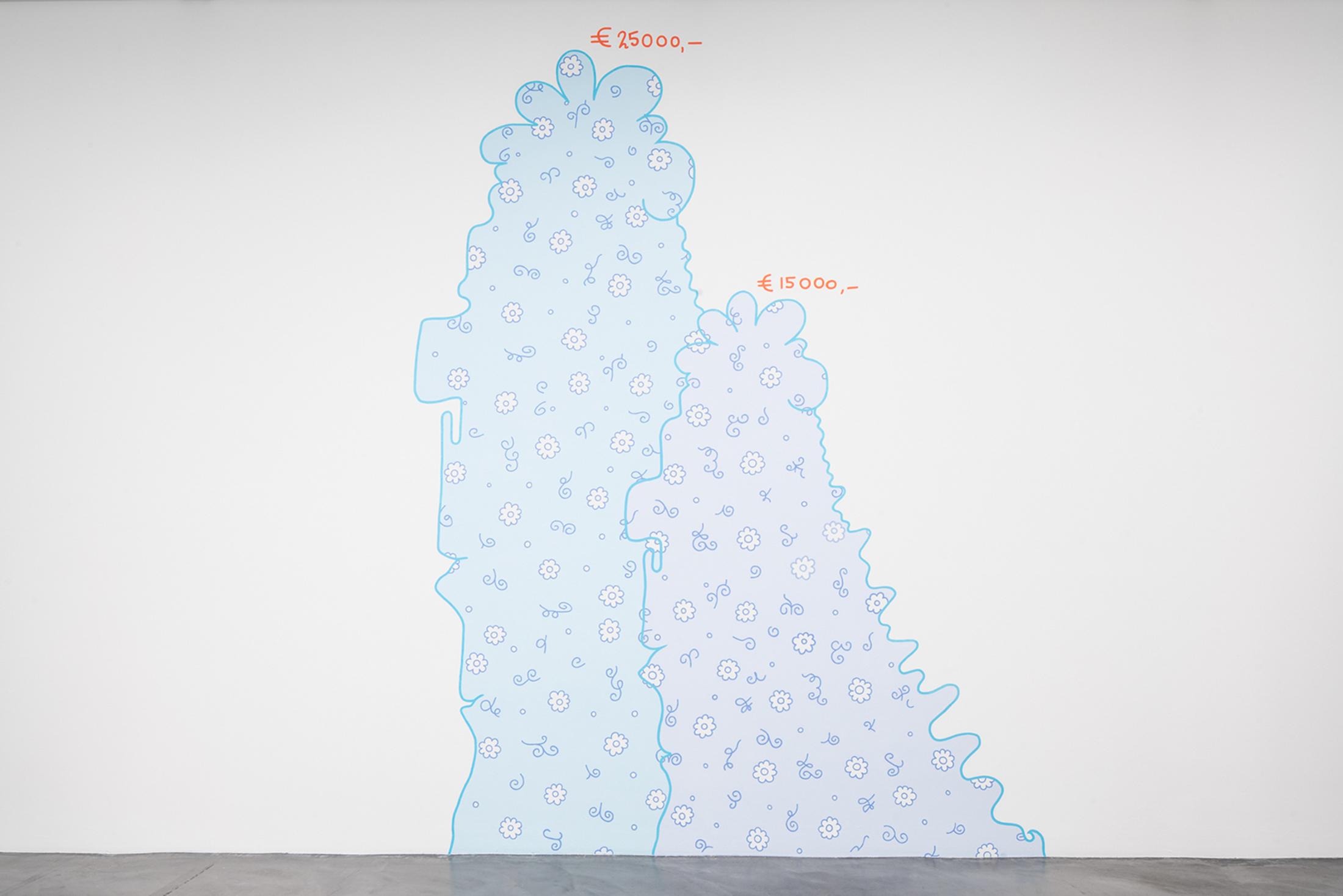 Exhibition View Lily van der Stokker Soloshow «Help help a little old lady here; view on € 25.000, 2019» at Migros Museum, Zurich, 2019-20 / Photo: Lorenzo Pusterla / Courtesy the artist and Air de Paris, Paris