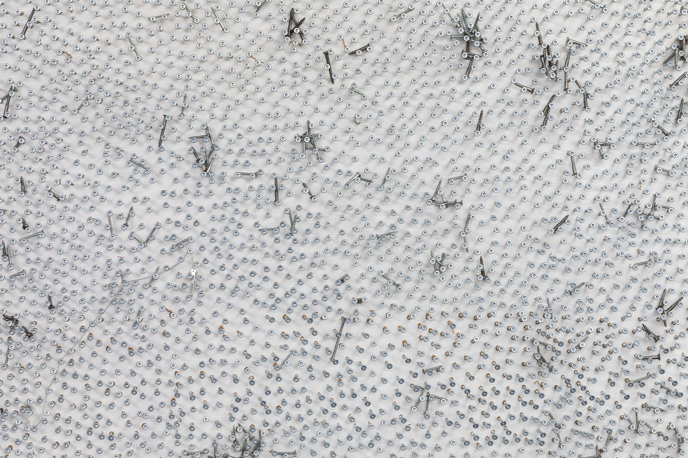 Exhibition View Duo Show «We Unleash Storms, Yet We Like the Sun; view on Caterina de Nicola, Things you can’t buy: new hours and services, 2022, steel screws, metal scraps, dimensions variable» at Last Tango, Zurich, 2022-2023 / Photo: Kilian Bannwart / Courtesy: the artist and Last Tango