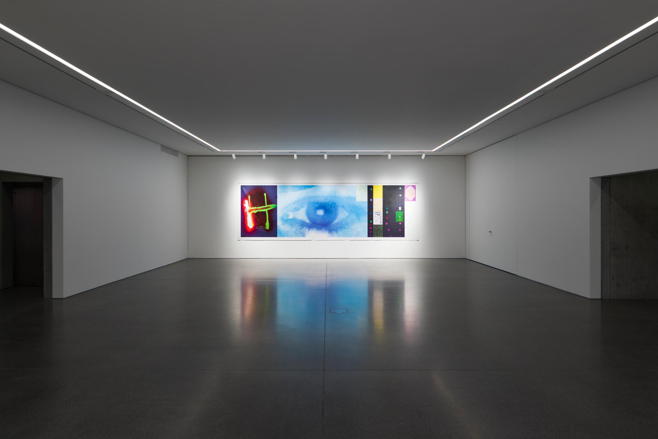 Exhibition View Linda Semadeni Solo Show «View on Linda Semadeni, Endless Love (Blue), 2023, Digitalprint auf PVC, 198 x 62 cm» at Bündner Kunstmuseum, Chur, 2023 / Photo: Björn Allemann / Courtesy: the artist and Bündner Kunstmuseum Chur