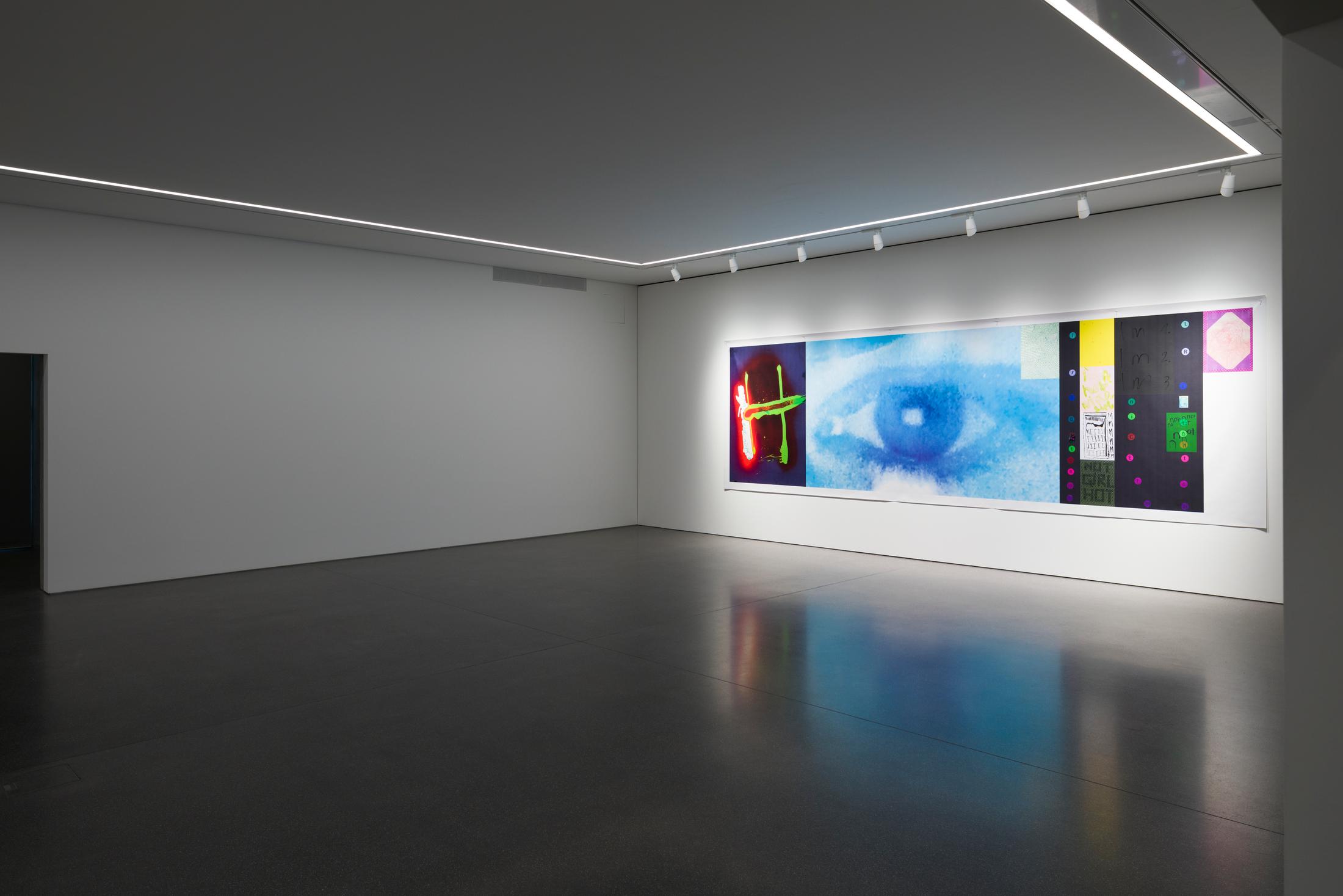 Exhibition View Linda Semadeni Solo Show «View on Linda Semadeni, Endless Love (Blue), 2023, Digitalprint auf PVC, 198 x 62 cm» at Bündner Kunstmuseum, Chur, 2023 / Photo: Björn Allemann / Courtesy: the artist and Bündner Kunstmuseum Chur