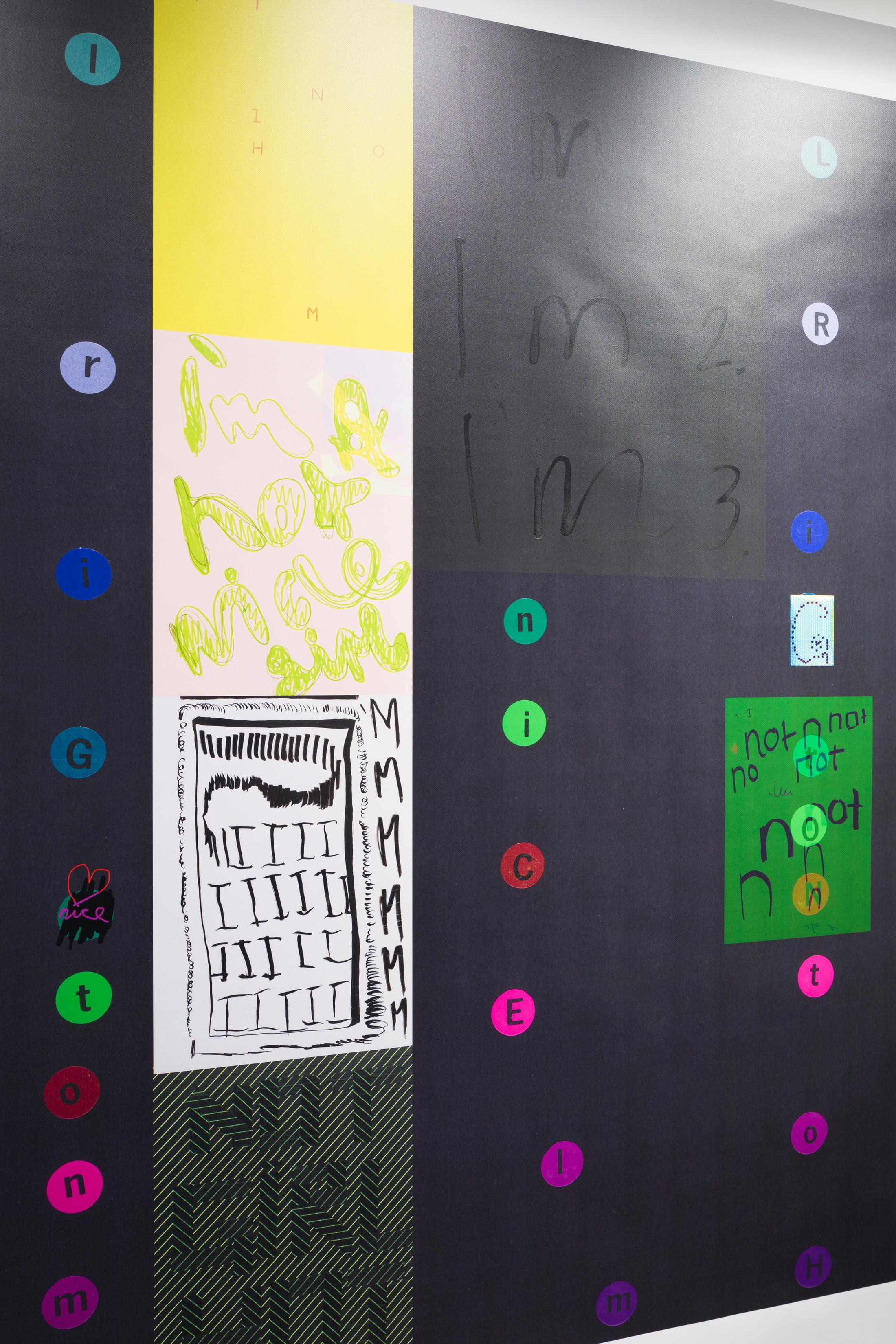 Exhibition View Linda Semadeni Solo Show «View on Linda Semadeni, Endless Love (Blue), 2023, Digitalprint auf PVC, 198 x 62 cm» at Bündner Kunstmuseum, Chur, 2023 / Photo: Björn Allemann / Courtesy: the artist and Bündner Kunstmuseum Chur