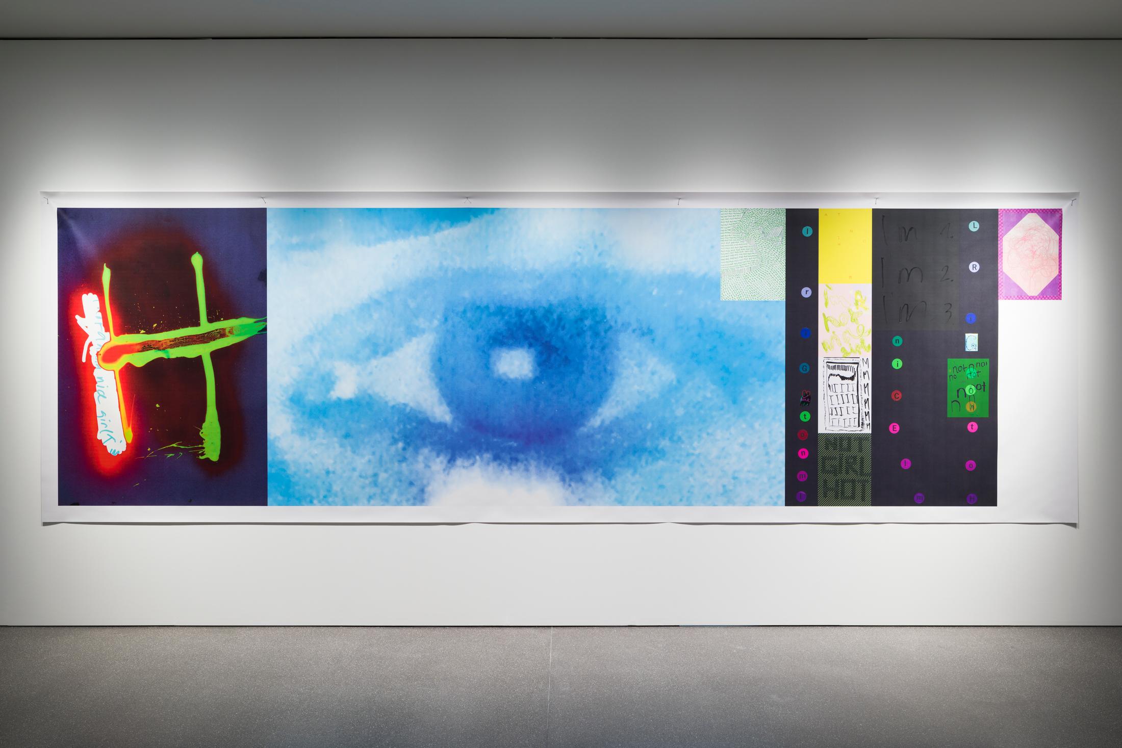 Exhibition View Linda Semadeni Solo Show «View on Linda Semadeni, Endless Love (Blue), 2023, Digitalprint auf PVC, 198 x 62 cm» at Bündner Kunstmuseum, Chur, 2023 / Photo: Björn Allemann / Courtesy: the artist and Bündner Kunstmuseum Chur